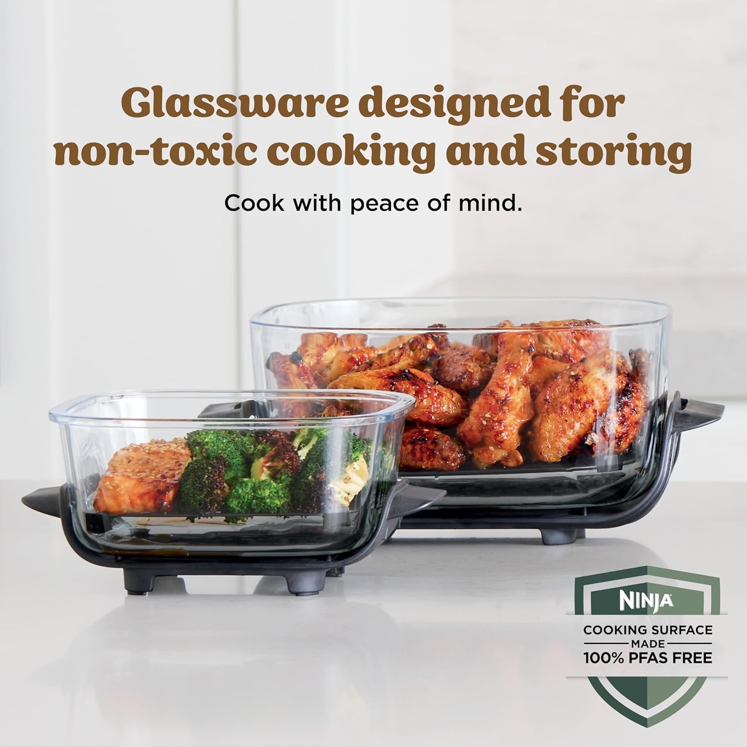 image:imageNinja Crispi Glass Air Fryer 4in1 Green FN101SG Max crisp bake air fry recrisp 450F max 4 Qt and 6 Cup containers PFASfree glassGinger Snap
