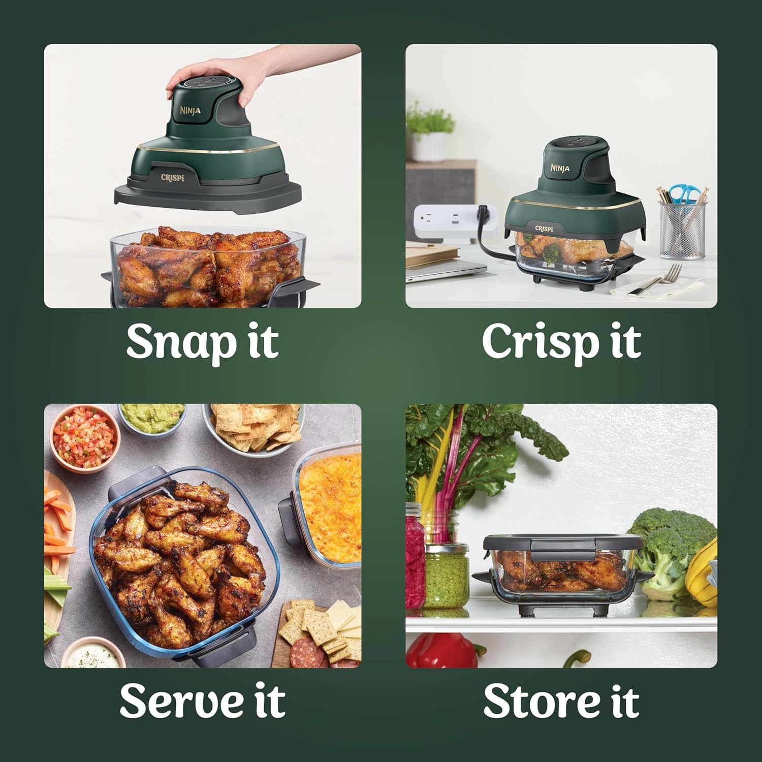 image:imageNinja Crispi Glass Air Fryer 4in1 Green FN101SG Max crisp bake air fry recrisp 450F max 4 Qt and 6 Cup containers PFASfree glassGreen Bundle