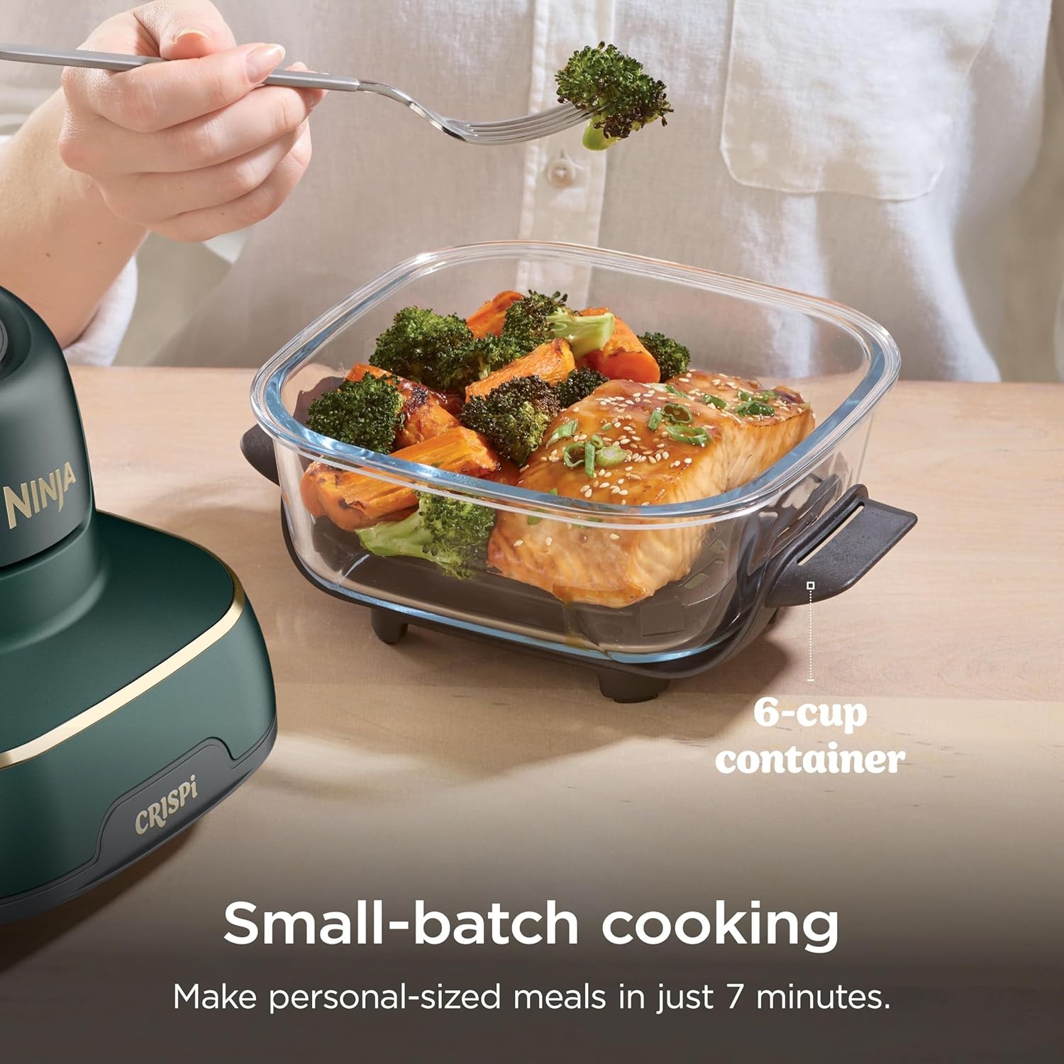 image:imageNinja Crispi Glass Air Fryer 4in1 Green FN101SG Max crisp bake air fry recrisp 450F max 4 Qt and 6 Cup containers PFASfree glassGreen Bundle