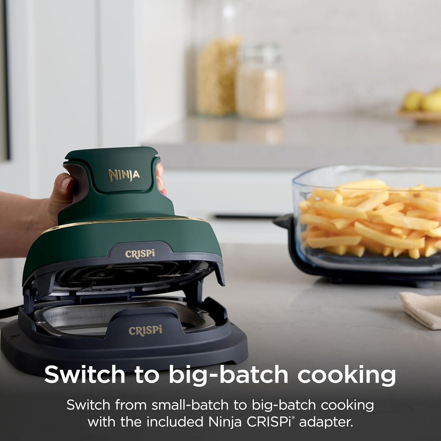 image:imageNinja Crispi Glass Air Fryer 4in1 Green FN101SG Max crisp bake air fry recrisp 450F max 4 Qt and 6 Cup containers PFASfree glassGreen Bundle