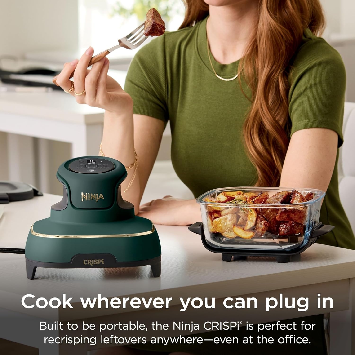 image:imageNinja Crispi Glass Air Fryer 4in1 Green FN101SG Max crisp bake air fry recrisp 450F max 4 Qt and 6 Cup containers PFASfree glassGreen Bundle