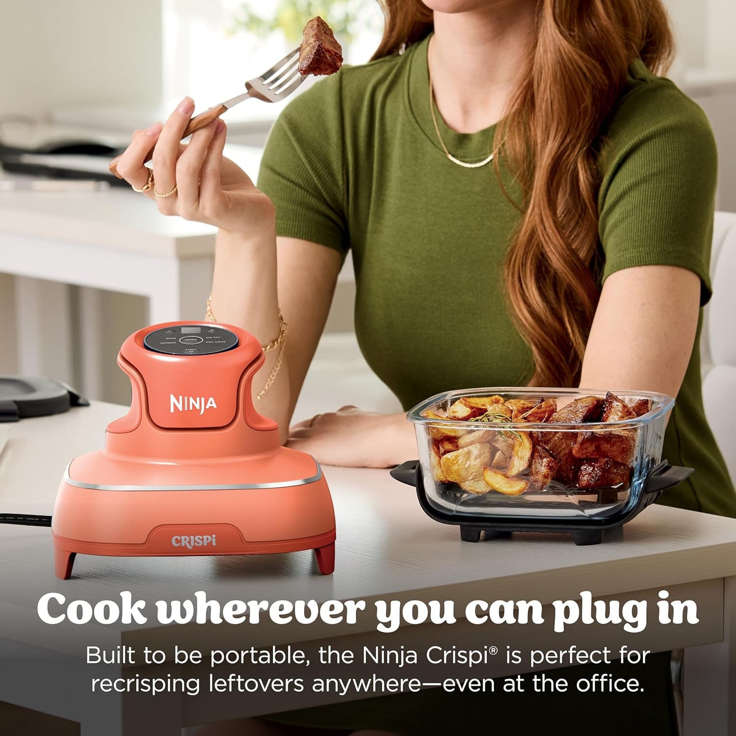 image:imageNinja Crispi Glass Air Fryer 4in1 Green FN101SG Max crisp bake air fry recrisp 450F max 4 Qt and 6 Cup containers PFASfree glassOrange Pepper