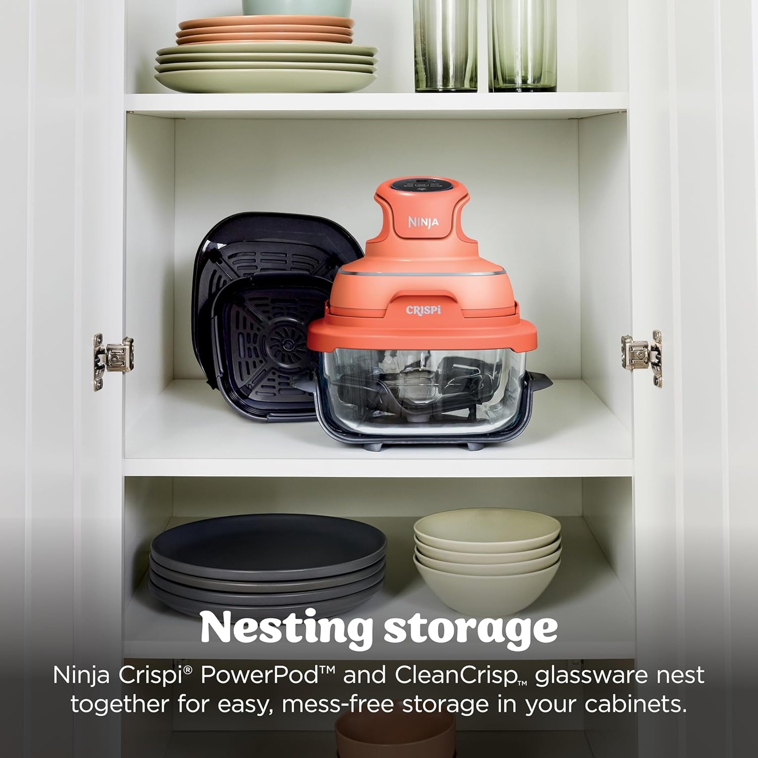 image:imageNinja Crispi Glass Air Fryer 4in1 Green FN101SG Max crisp bake air fry recrisp 450F max 4 Qt and 6 Cup containers PFASfree glassOrange Pepper