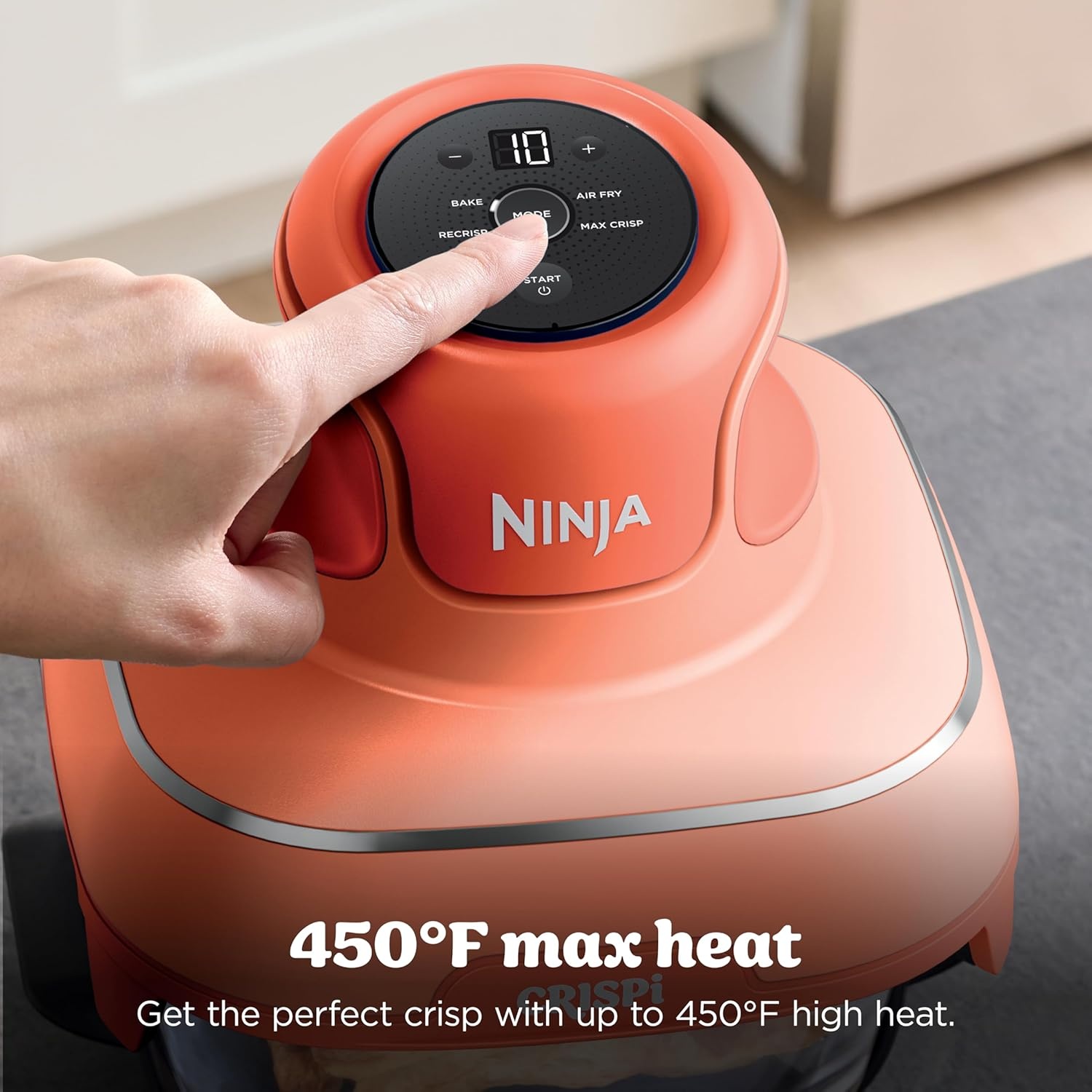 image:imageNinja Crispi Glass Air Fryer 4in1 Green FN101SG Max crisp bake air fry recrisp 450F max 4 Qt and 6 Cup containers PFASfree glassOrange Pepper