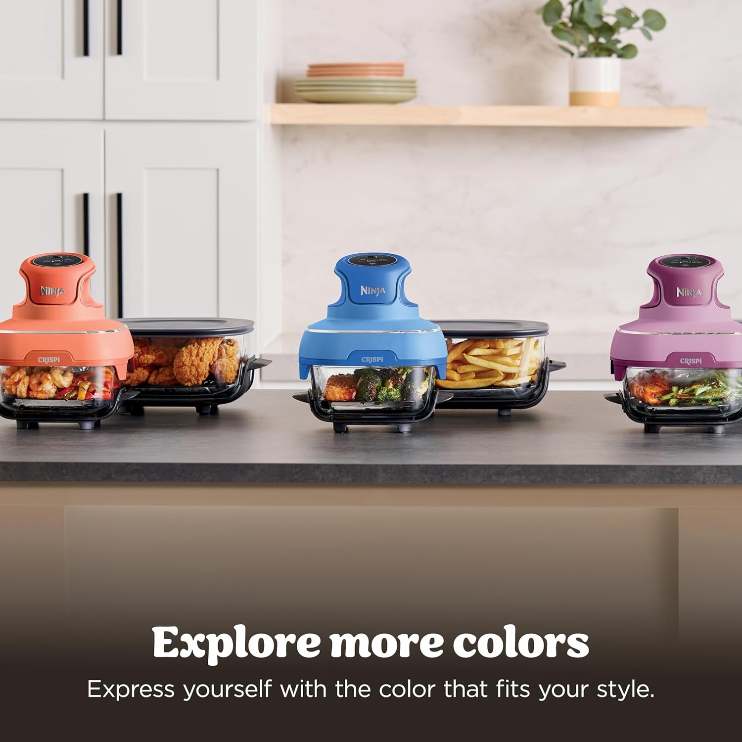 image:imageNinja Crispi Glass Air Fryer 4in1 Green FN101SG Max crisp bake air fry recrisp 450F max 4 Qt and 6 Cup containers PFASfree glassOrange Pepper