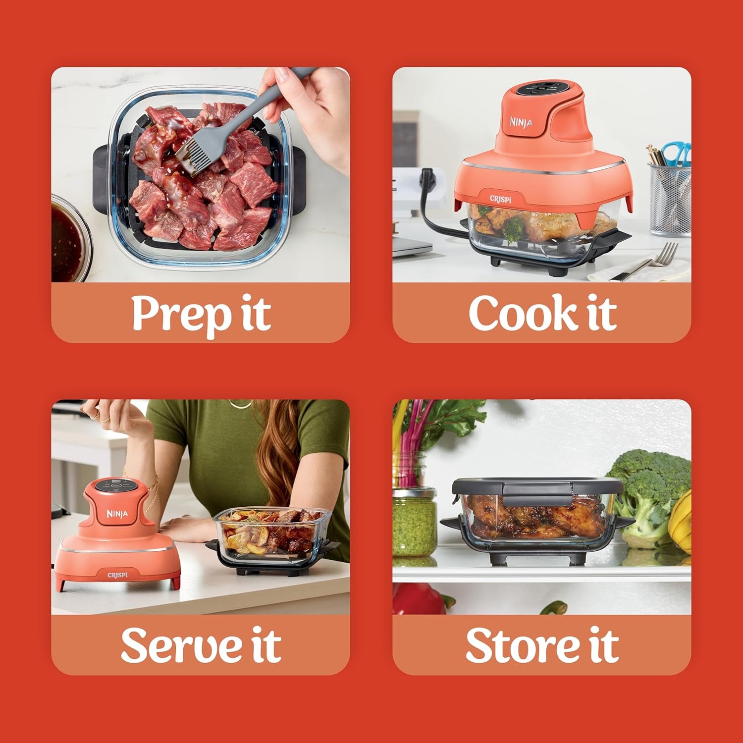 image:imageNinja Crispi Glass Air Fryer 4in1 Green FN101SG Max crisp bake air fry recrisp 450F max 4 Qt and 6 Cup containers PFASfree glassOrange Pepper