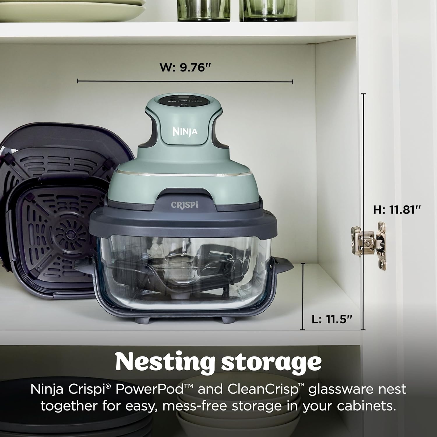 image:imageNinja Crispi Glass Air Fryer 4in1 Green FN101SG Max crisp bake air fry recrisp 450F max 4 Qt and 6 Cup containers PFASfree glassSage