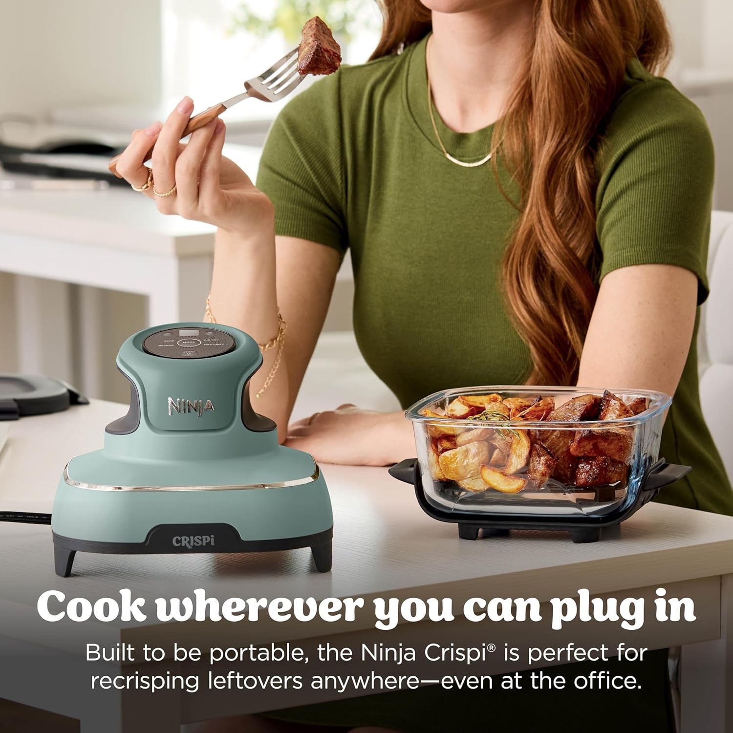 image:imageNinja Crispi Glass Air Fryer 4in1 Green FN101SG Max crisp bake air fry recrisp 450F max 4 Qt and 6 Cup containers PFASfree glassSage