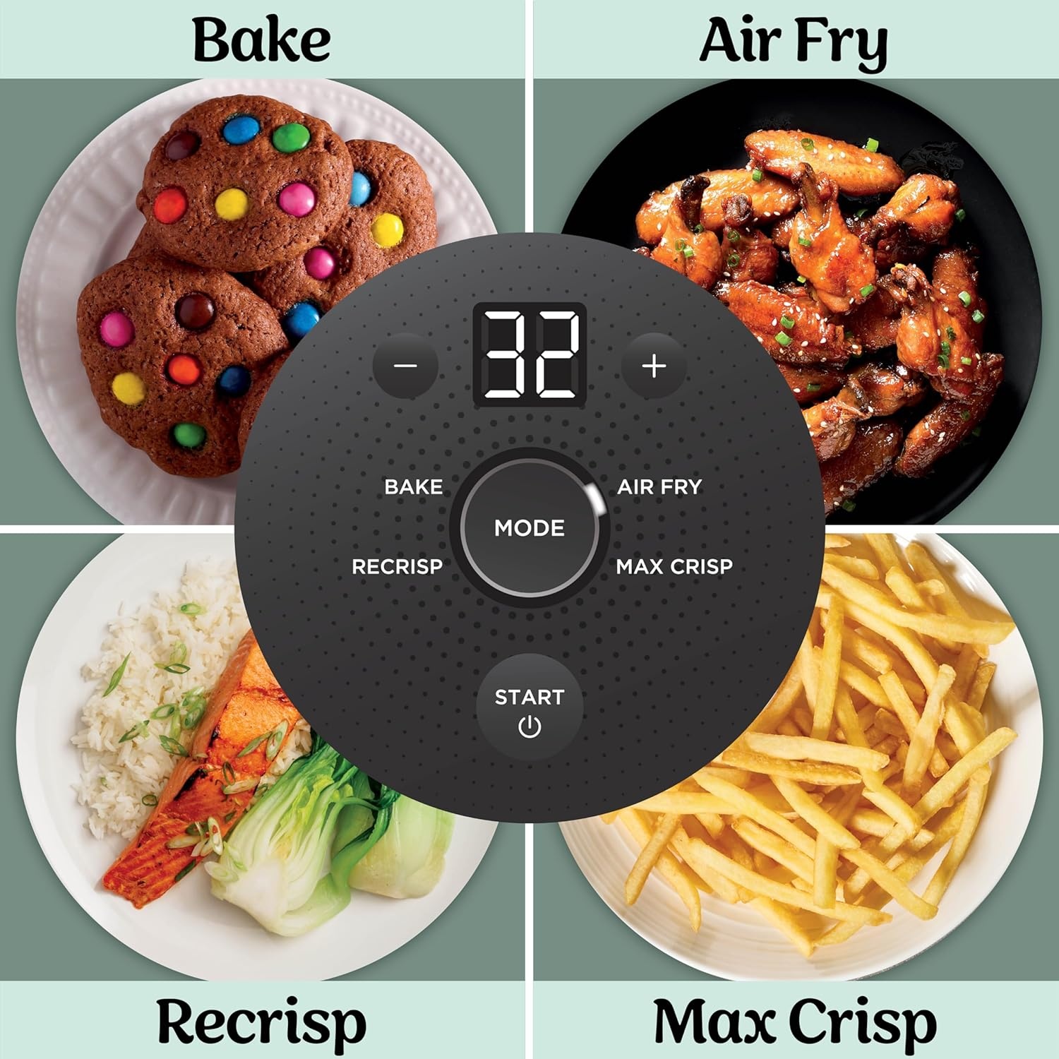 image:imageNinja Crispi Glass Air Fryer 4in1 Green FN101SG Max crisp bake air fry recrisp 450F max 4 Qt and 6 Cup containers PFASfree glassSage