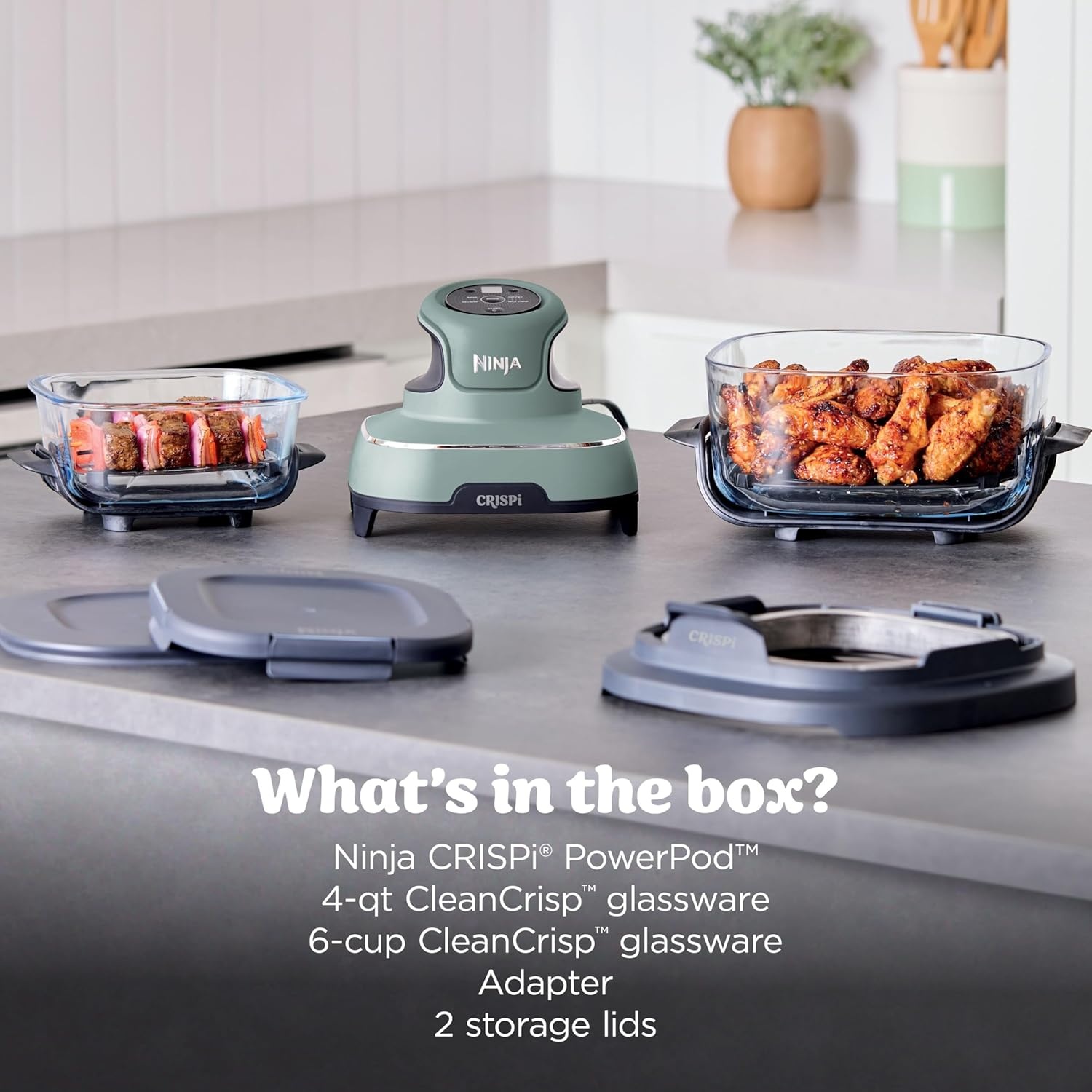 image:imageNinja Crispi Glass Air Fryer 4in1 Green FN101SG Max crisp bake air fry recrisp 450F max 4 Qt and 6 Cup containers PFASfree glassSage