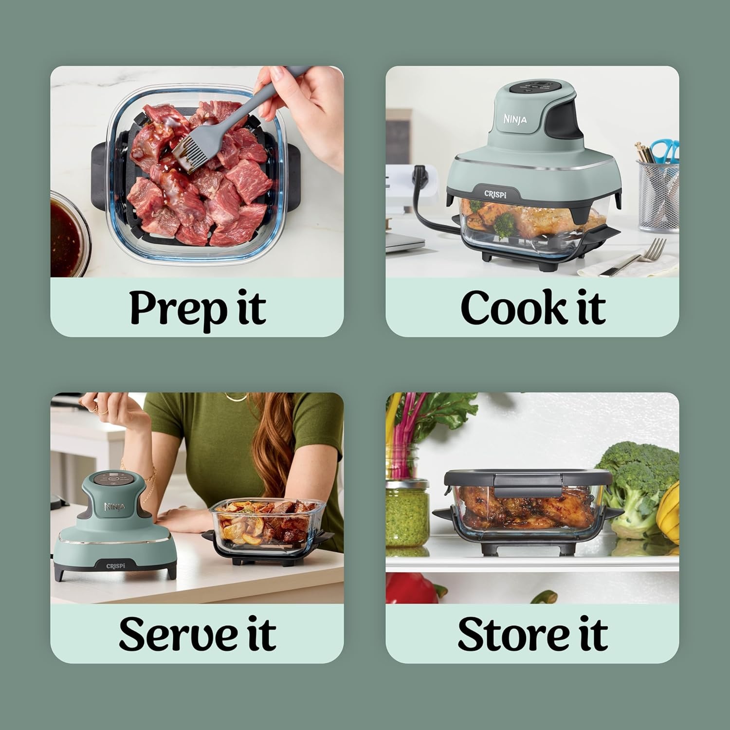 image:imageNinja Crispi Glass Air Fryer 4in1 Green FN101SG Max crisp bake air fry recrisp 450F max 4 Qt and 6 Cup containers PFASfree glassSage