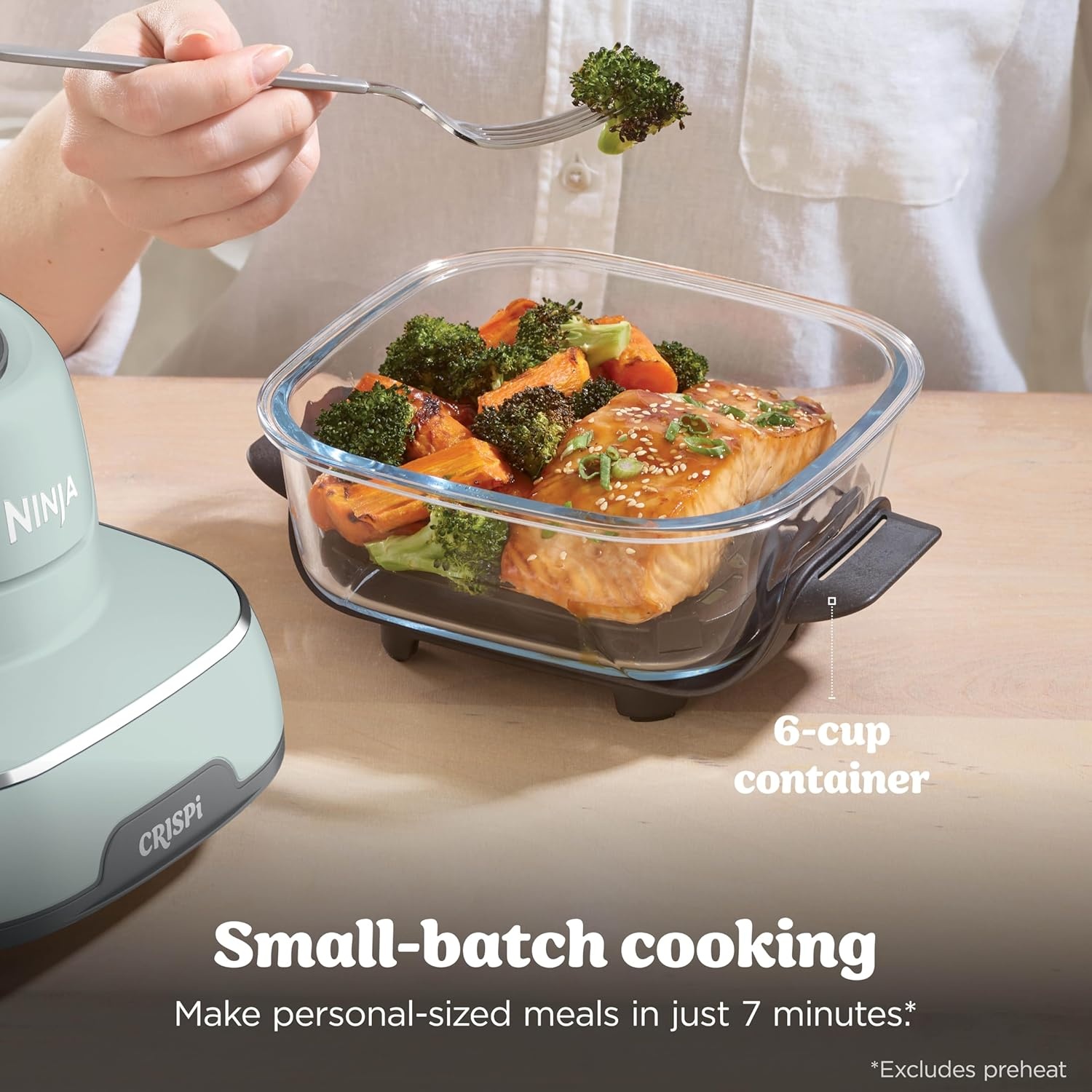 image:imageNinja Crispi Glass Air Fryer 4in1 Green FN101SG Max crisp bake air fry recrisp 450F max 4 Qt and 6 Cup containers PFASfree glassSage
