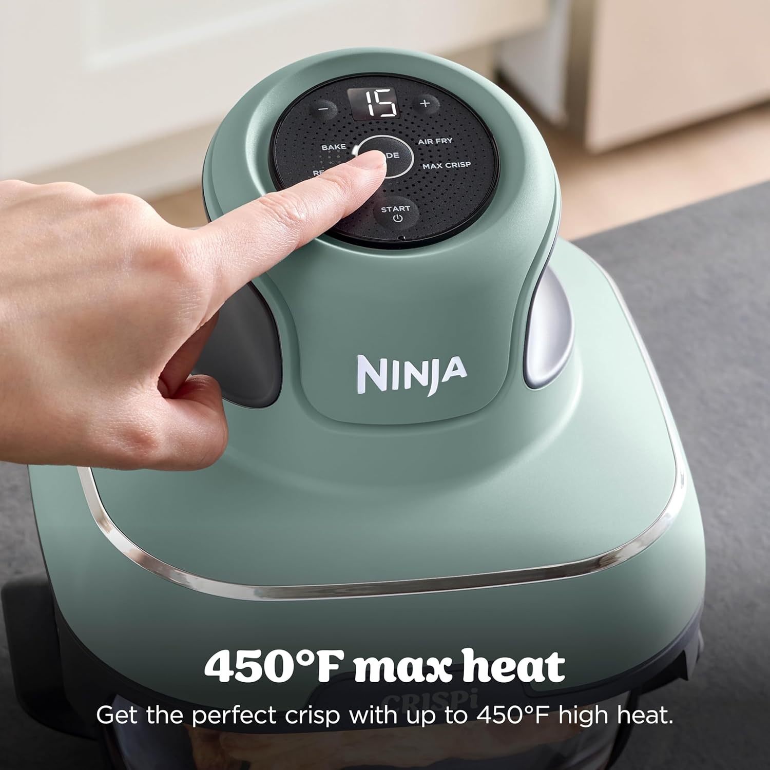 image:imageNinja Crispi Glass Air Fryer 4in1 Green FN101SG Max crisp bake air fry recrisp 450F max 4 Qt and 6 Cup containers PFASfree glassSage