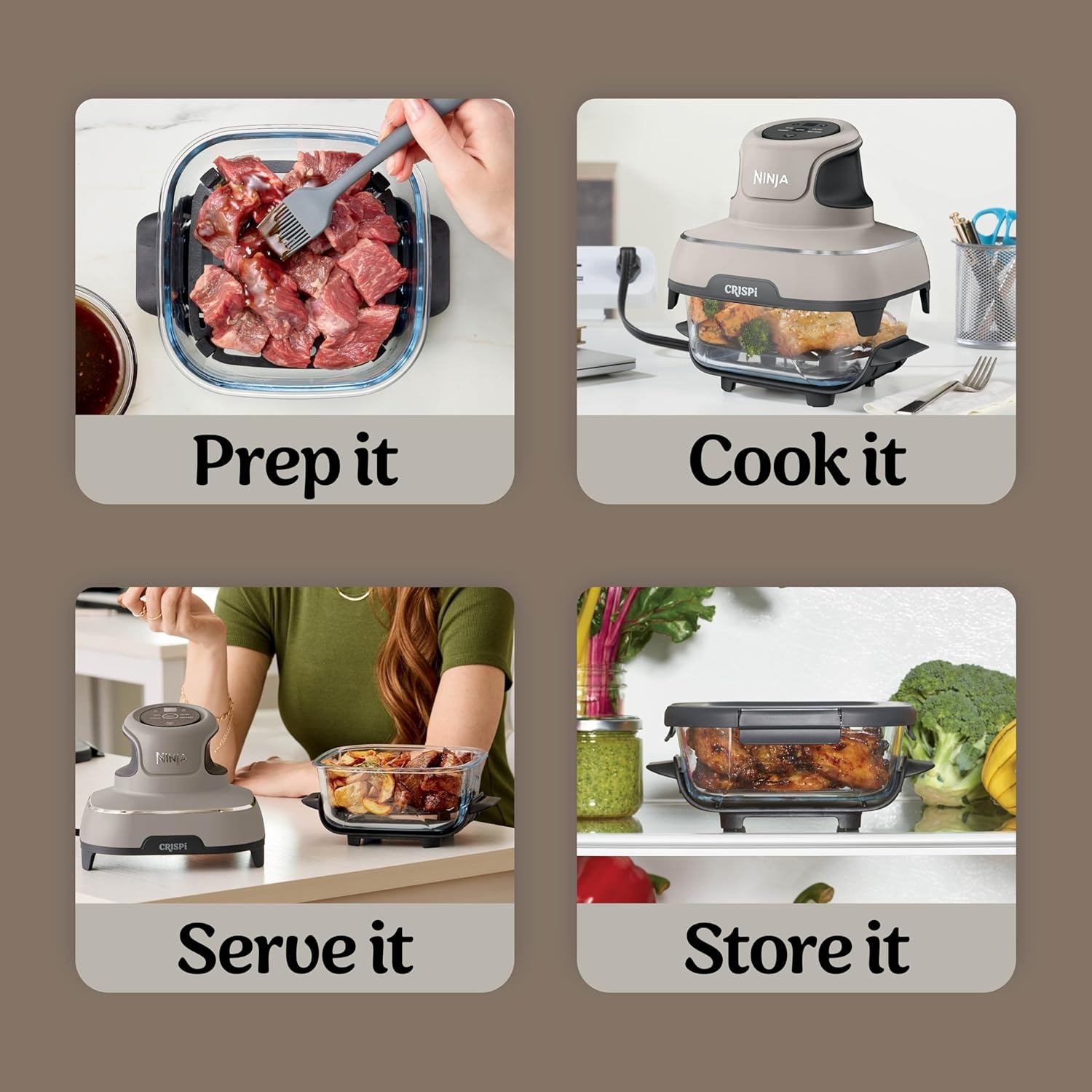 image:imageNinja Crispi Glass Air Fryer 4in1 Green FN101SG Max crisp bake air fry recrisp 450F max 4 Qt and 6 Cup containers PFASfree glassStone