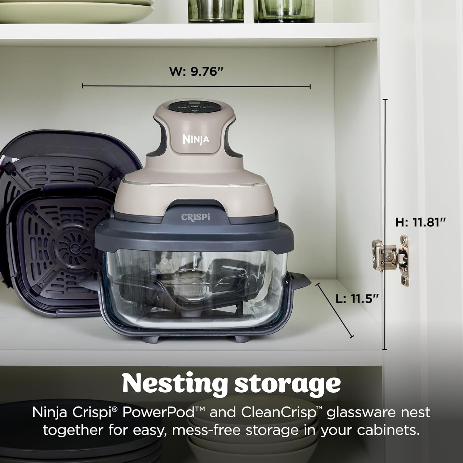 image:imageNinja Crispi Glass Air Fryer 4in1 Green FN101SG Max crisp bake air fry recrisp 450F max 4 Qt and 6 Cup containers PFASfree glassStone