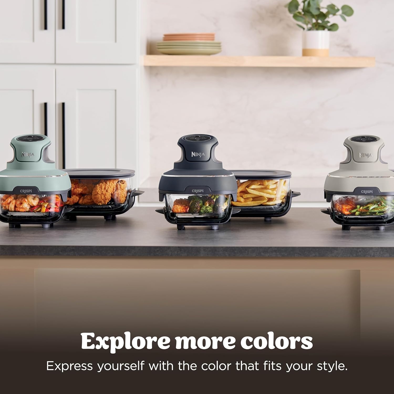 image:imageNinja Crispi Glass Air Fryer 4in1 Green FN101SG Max crisp bake air fry recrisp 450F max 4 Qt and 6 Cup containers PFASfree glassStone