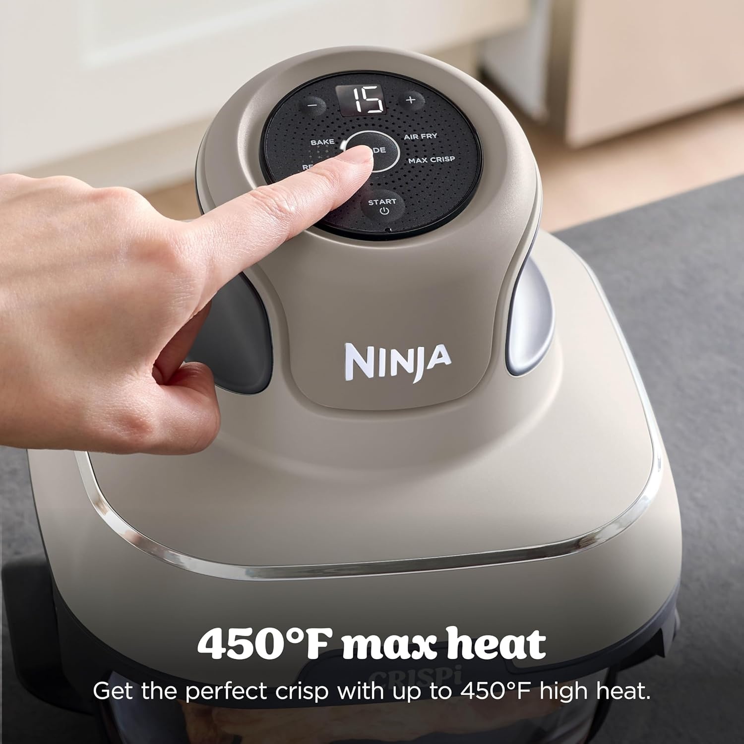 image:imageNinja Crispi Glass Air Fryer 4in1 Green FN101SG Max crisp bake air fry recrisp 450F max 4 Qt and 6 Cup containers PFASfree glassStone