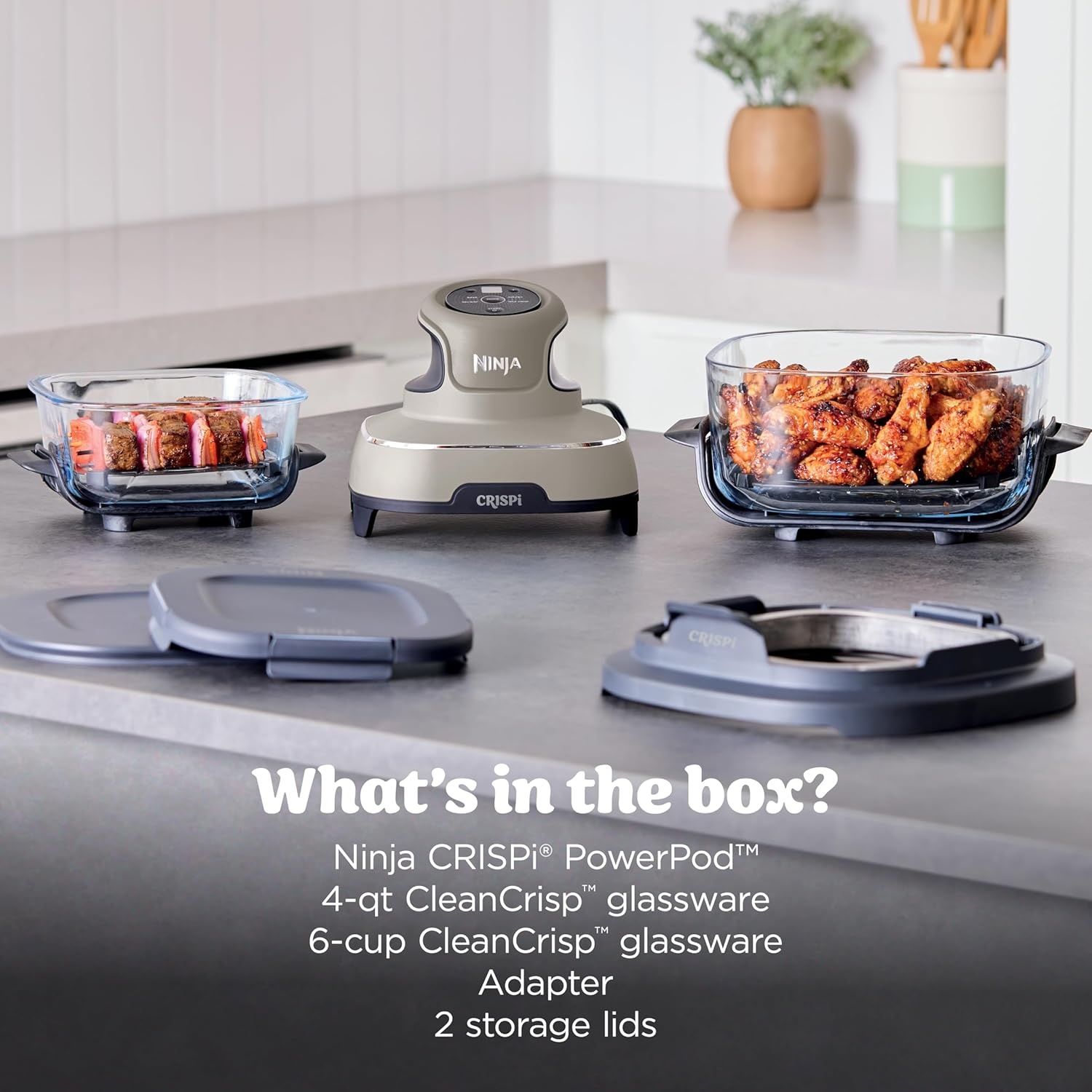 image:imageNinja Crispi Glass Air Fryer 4in1 Green FN101SG Max crisp bake air fry recrisp 450F max 4 Qt and 6 Cup containers PFASfree glassStone