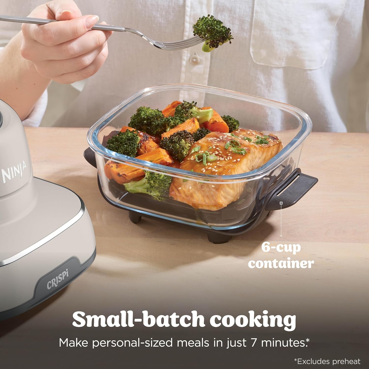 image:imageNinja Crispi Glass Air Fryer 4in1 Green FN101SG Max crisp bake air fry recrisp 450F max 4 Qt and 6 Cup containers PFASfree glassStone