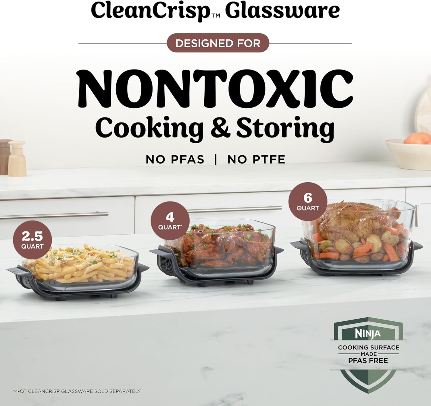 image:imageNinja Crispi Pro Glass Air Fryer 6in1 Cyberspace AS101CY Max crisp air fry bake roast recrisp dehydrate 1800W 450F max 6Qt 25Qt containersAmber
