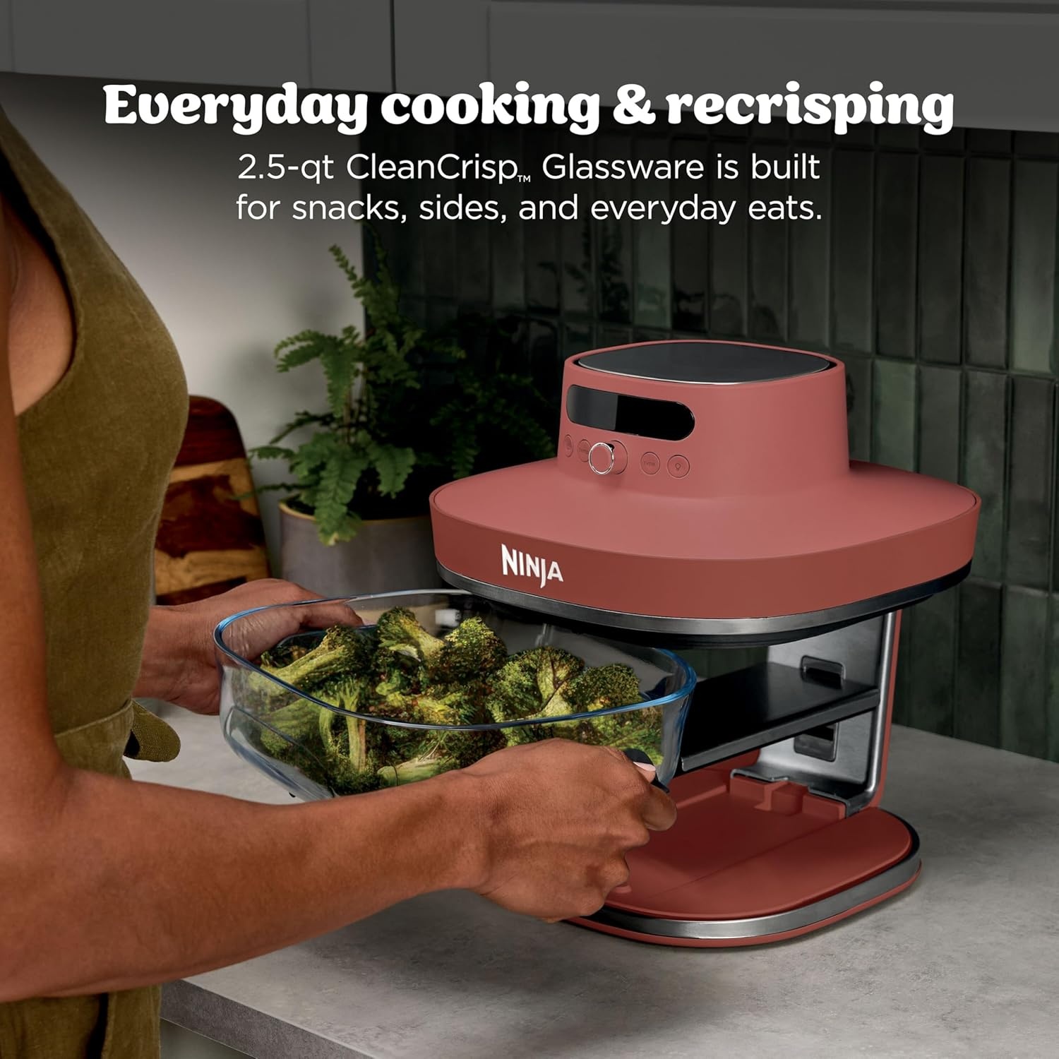 image:imageNinja Crispi Pro Glass Air Fryer 6in1 Cyberspace AS101CY Max crisp air fry bake roast recrisp dehydrate 1800W 450F max 6Qt 25Qt containersAmber