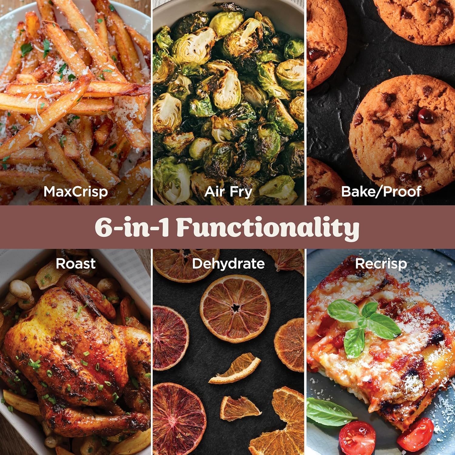 image:imageNinja Crispi Pro Glass Air Fryer 6in1 Cyberspace AS101CY Max crisp air fry bake roast recrisp dehydrate 1800W 450F max 6Qt 25Qt containersAmber