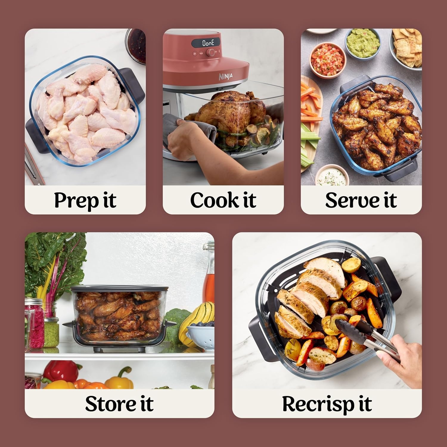 image:imageNinja Crispi Pro Glass Air Fryer 6in1 Cyberspace AS101CY Max crisp air fry bake roast recrisp dehydrate 1800W 450F max 6Qt 25Qt containersAmber