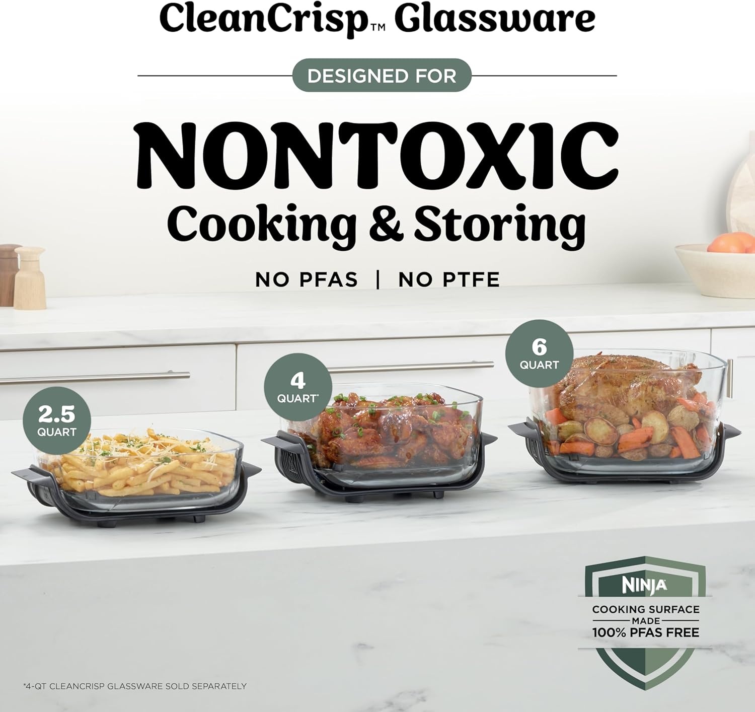 image:imageNinja Crispi Pro Glass Air Fryer 6in1 Cyberspace AS101CY Max crisp air fry bake roast recrisp dehydrate 1800W 450F max 6Qt 25Qt containersAsh Grey