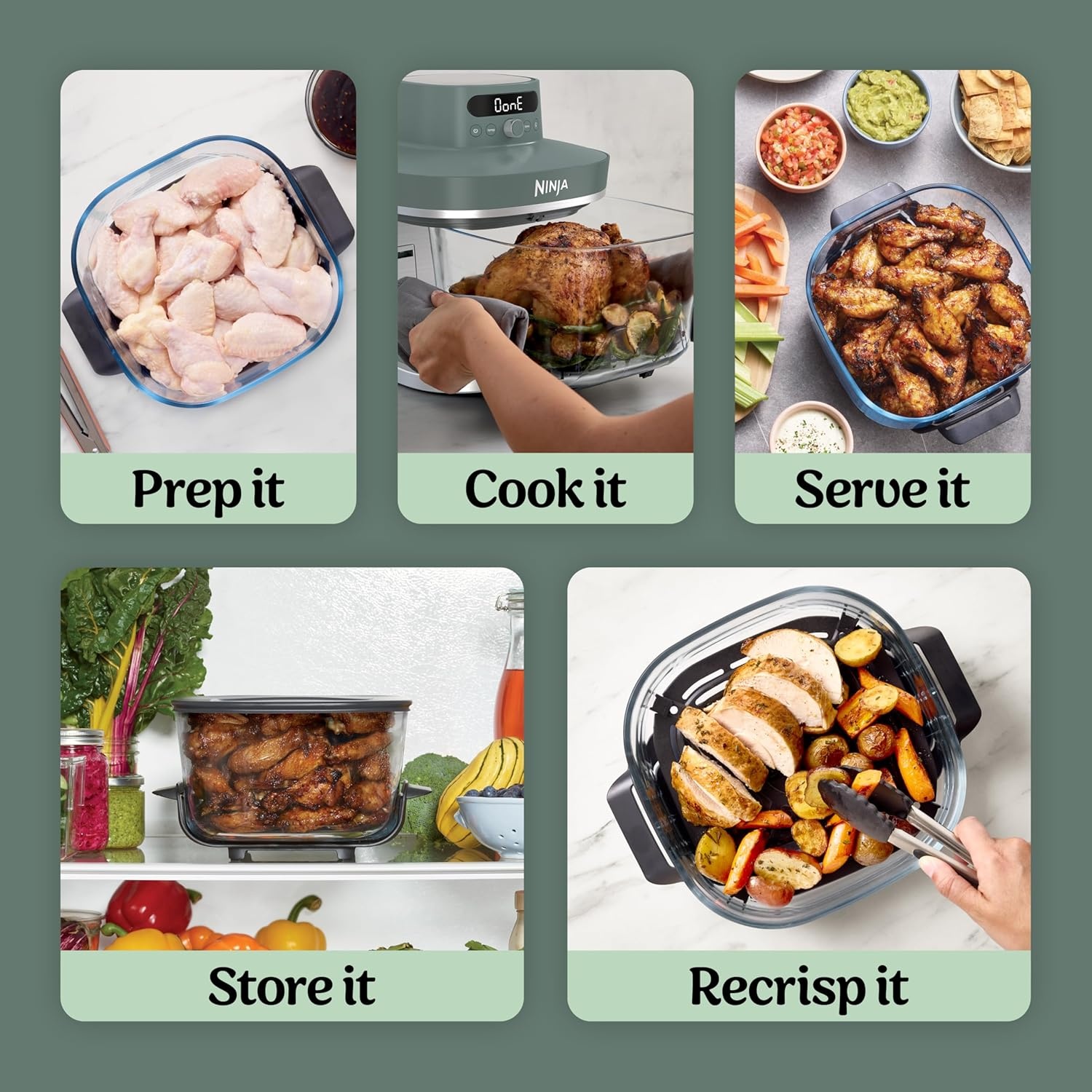 image:imageNinja Crispi Pro Glass Air Fryer 6in1 Cyberspace AS101CY Max crisp air fry bake roast recrisp dehydrate 1800W 450F max 6Qt 25Qt containersAsh Grey