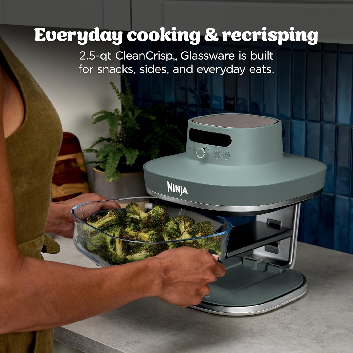 image:imageNinja Crispi Pro Glass Air Fryer 6in1 Cyberspace AS101CY Max crisp air fry bake roast recrisp dehydrate 1800W 450F max 6Qt 25Qt containersAsh Grey