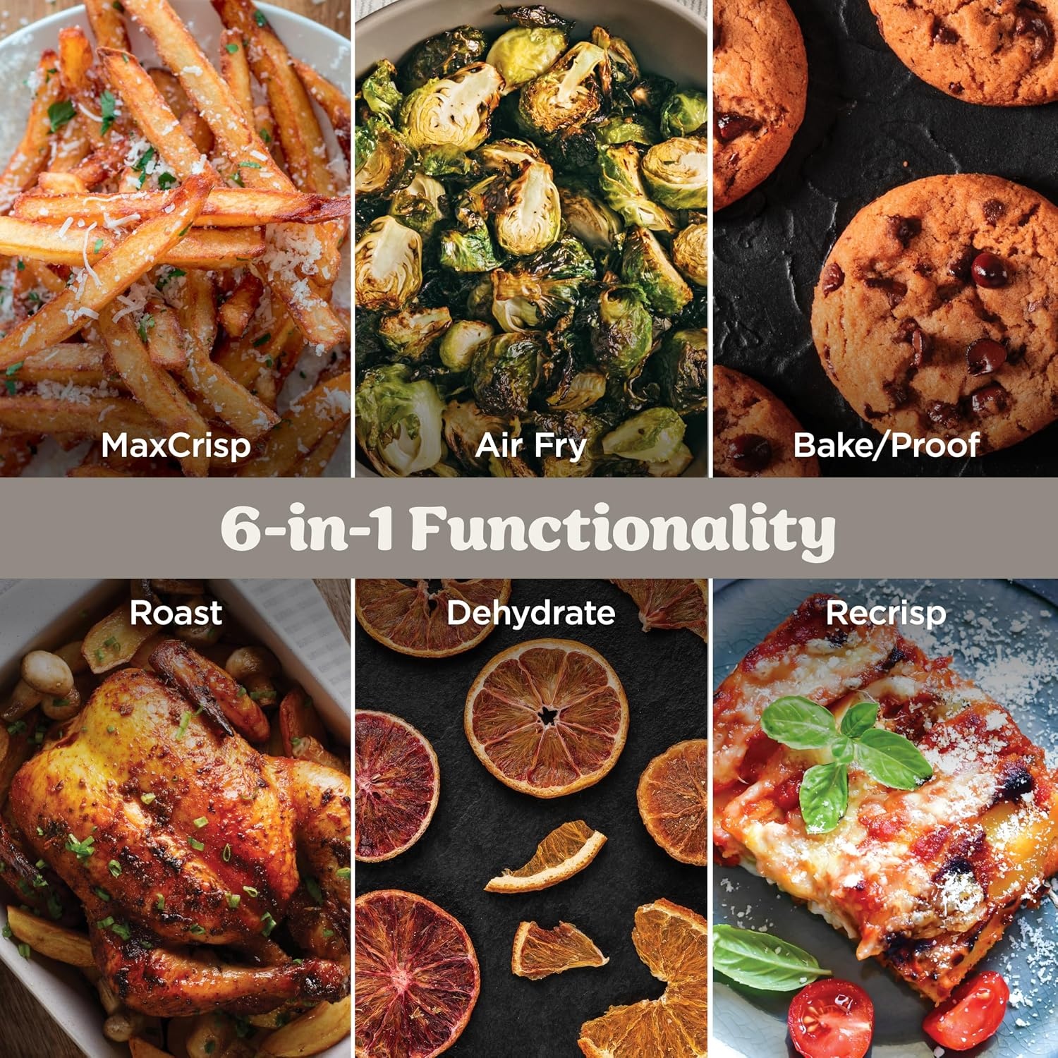 image:imageNinja Crispi Pro Glass Air Fryer 6in1 Cyberspace AS101CY Max crisp air fry bake roast recrisp dehydrate 1800W 450F max 6Qt 25Qt containersBone