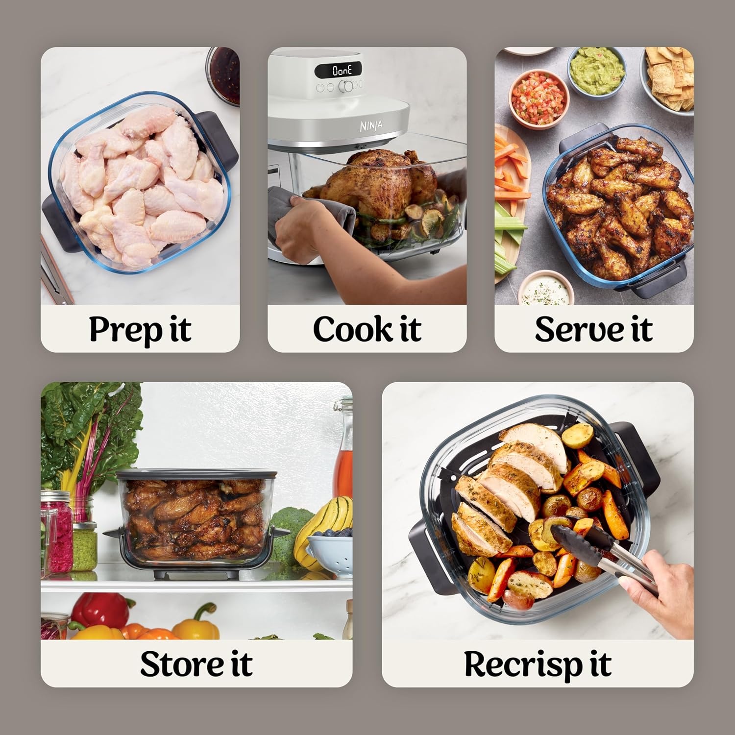 image:imageNinja Crispi Pro Glass Air Fryer 6in1 Cyberspace AS101CY Max crisp air fry bake roast recrisp dehydrate 1800W 450F max 6Qt 25Qt containersBone