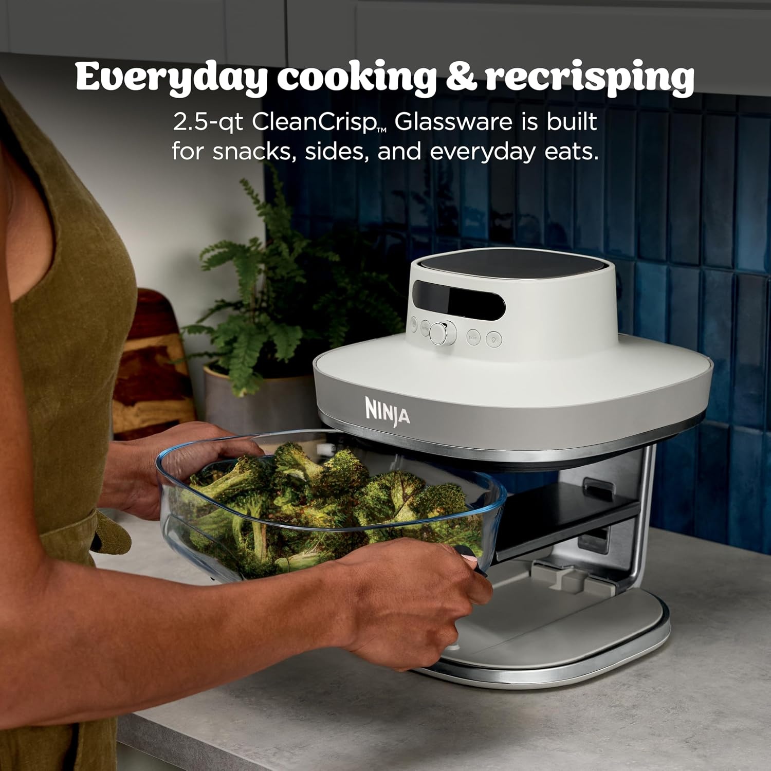image:imageNinja Crispi Pro Glass Air Fryer 6in1 Cyberspace AS101CY Max crisp air fry bake roast recrisp dehydrate 1800W 450F max 6Qt 25Qt containersBone