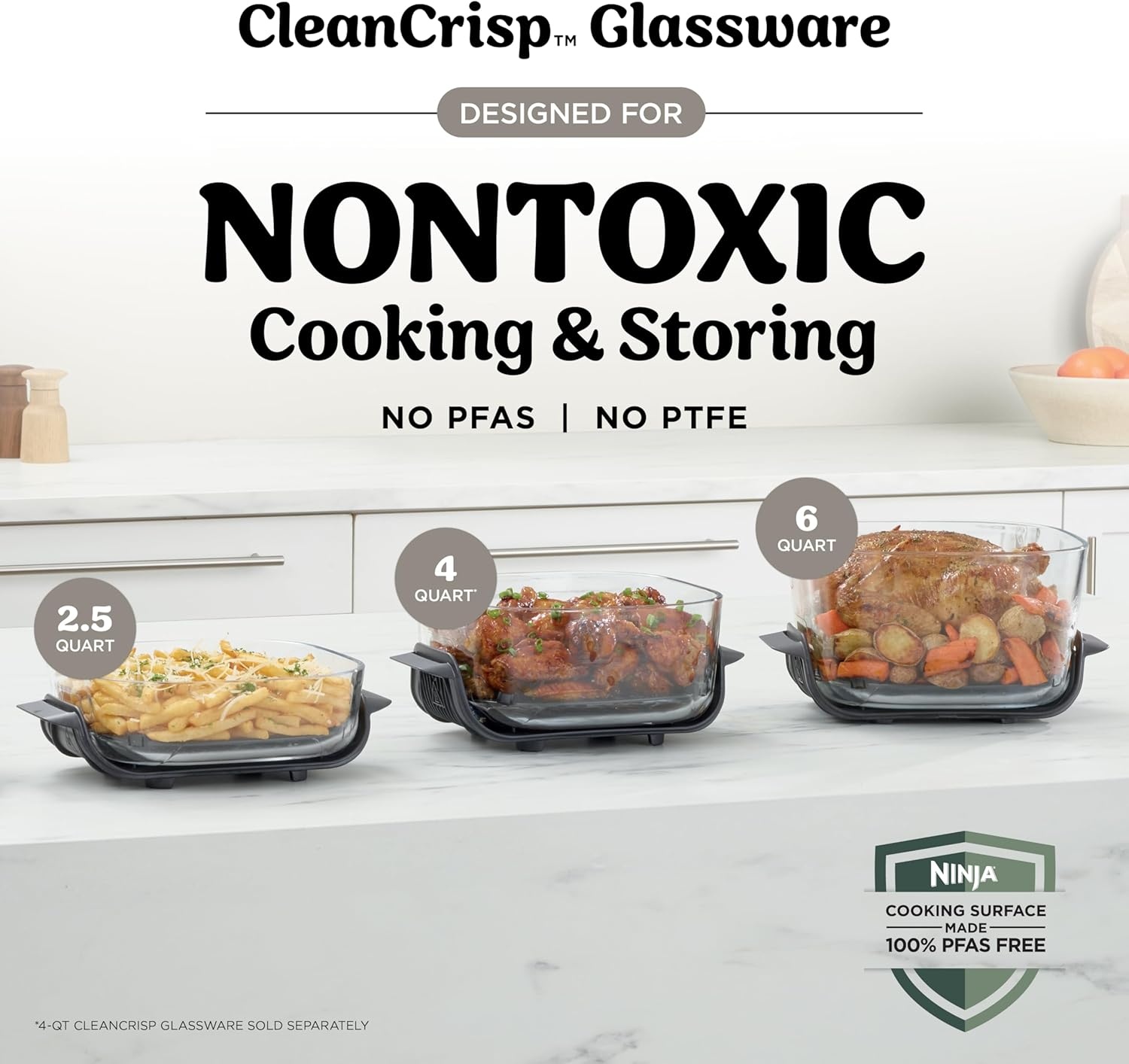 image:imageNinja Crispi Pro Glass Air Fryer 6in1 Cyberspace AS101CY Max crisp air fry bake roast recrisp dehydrate 1800W 450F max 6Qt 25Qt containersBone