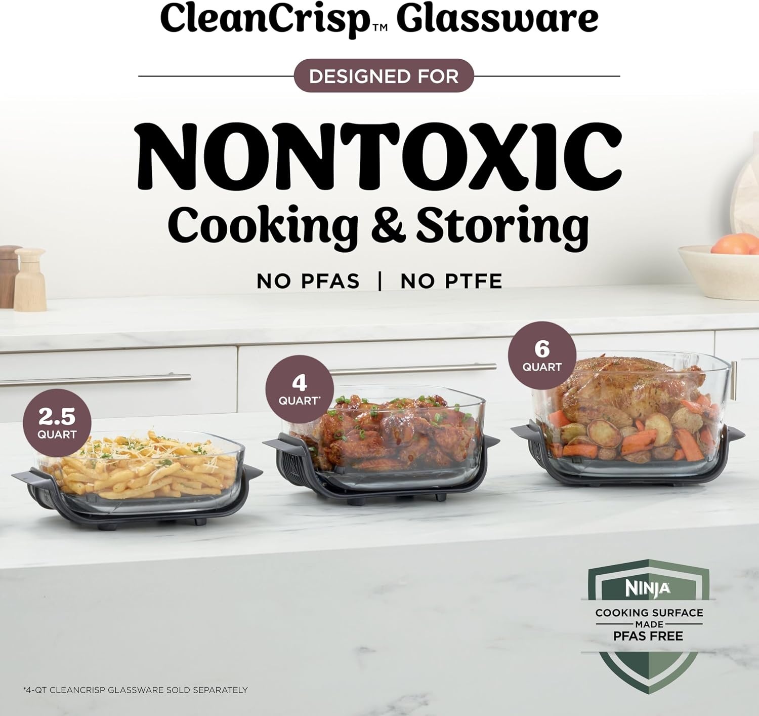 image:imageNinja Crispi Pro Glass Air Fryer 6in1 Cyberspace AS101CY Max crisp air fry bake roast recrisp dehydrate 1800W 450F max 6Qt 25Qt containersCherry