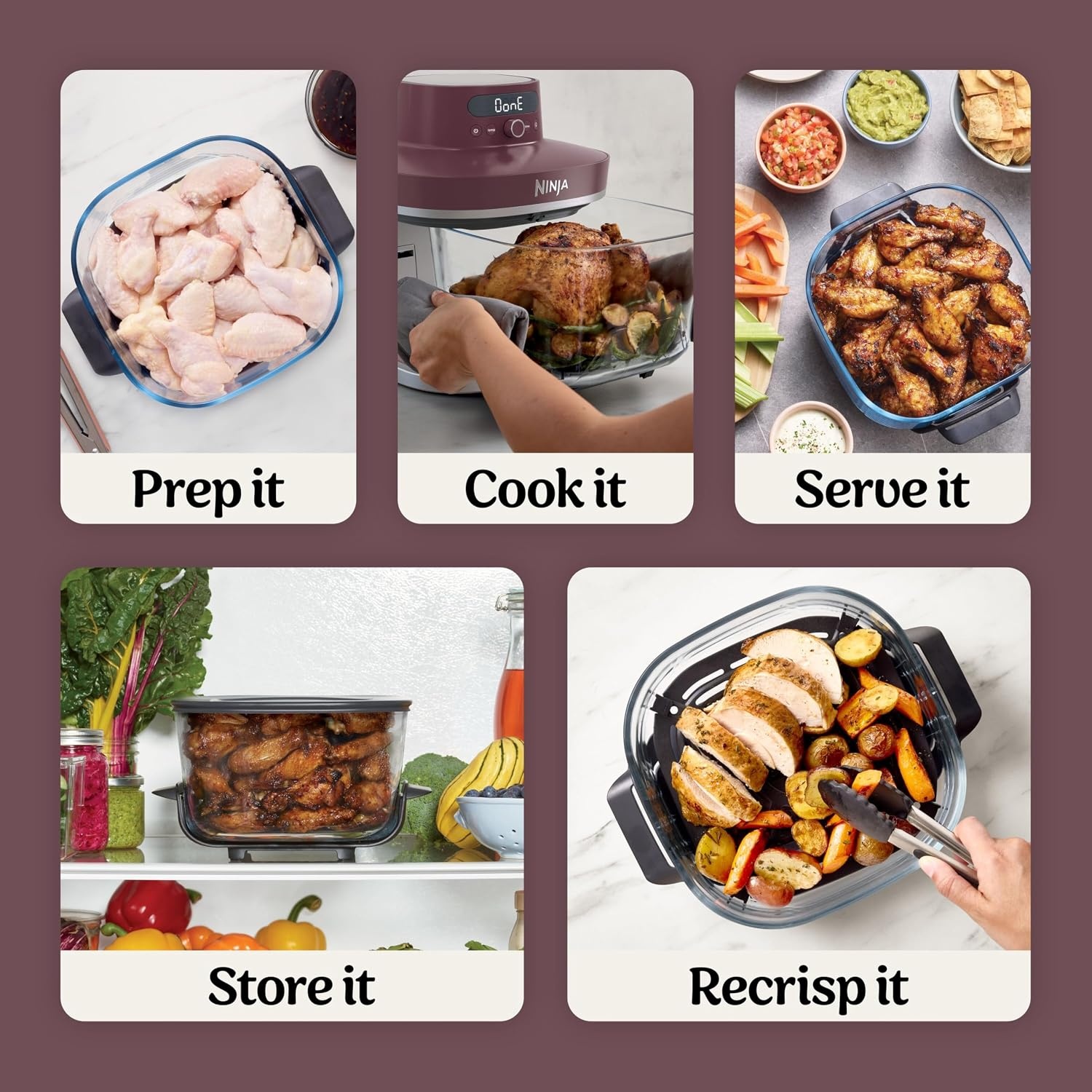 image:imageNinja Crispi Pro Glass Air Fryer 6in1 Cyberspace AS101CY Max crisp air fry bake roast recrisp dehydrate 1800W 450F max 6Qt 25Qt containersCherry