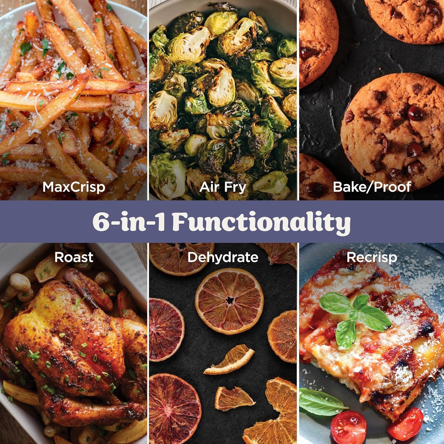 image:imageNinja Crispi Pro Glass Air Fryer 6in1 Cyberspace AS101CY Max crisp air fry bake roast recrisp dehydrate 1800W 450F max 6Qt 25Qt containersDeep Amethyst