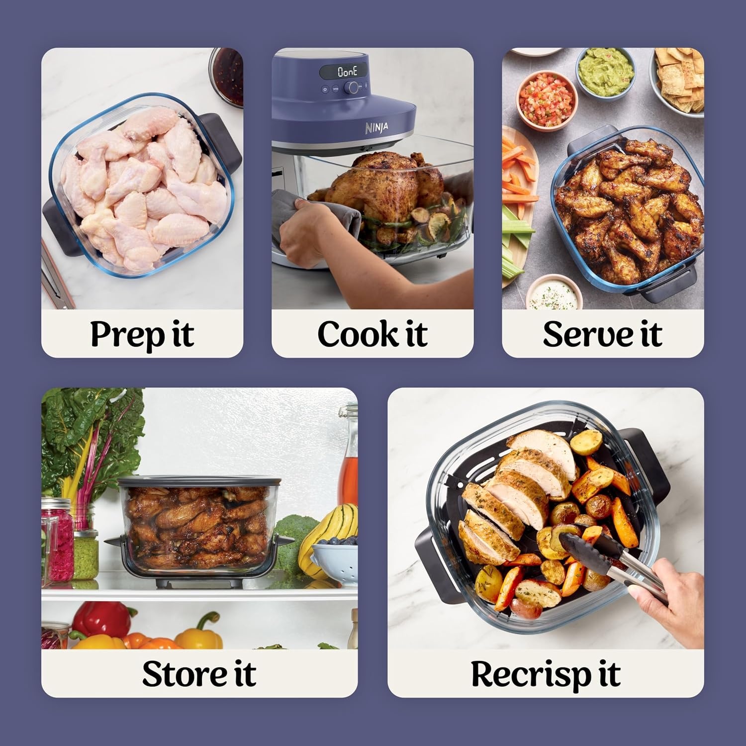 image:imageNinja Crispi Pro Glass Air Fryer 6in1 Cyberspace AS101CY Max crisp air fry bake roast recrisp dehydrate 1800W 450F max 6Qt 25Qt containersDeep Amethyst