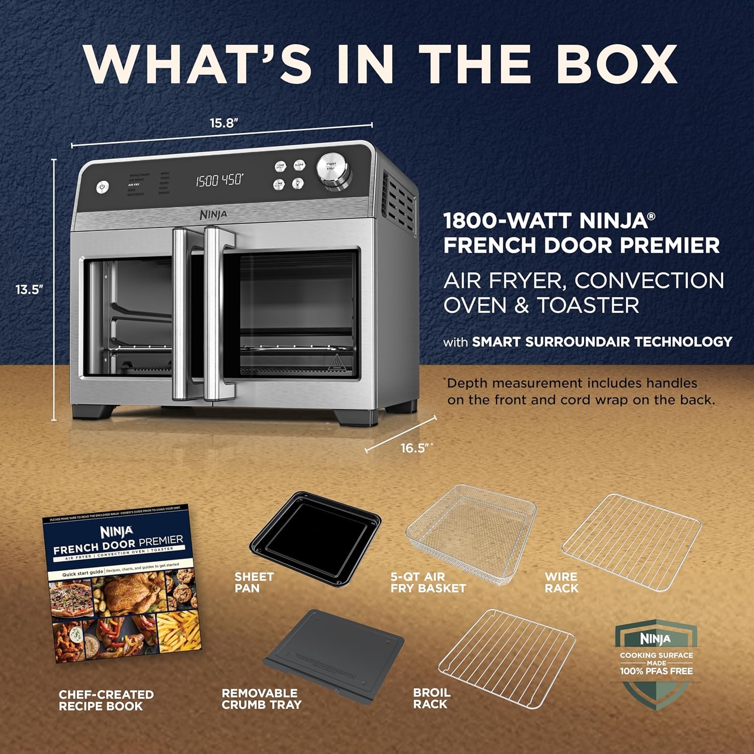 image:imageNinja French Door Premier Air Fry Oven 10in1 203 Qt Stainless FO101 450F cyclonic air PFASfree surface Air fry sear crisp bake broil toast dehydrateBlack