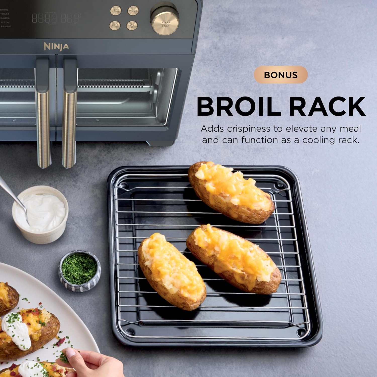 image:imageNinja French Door Premier Air Fry Oven 10in1 203 Qt Stainless FO101 450F cyclonic air PFASfree surface Air fry sear crisp bake broil toast dehydrateCyberspace