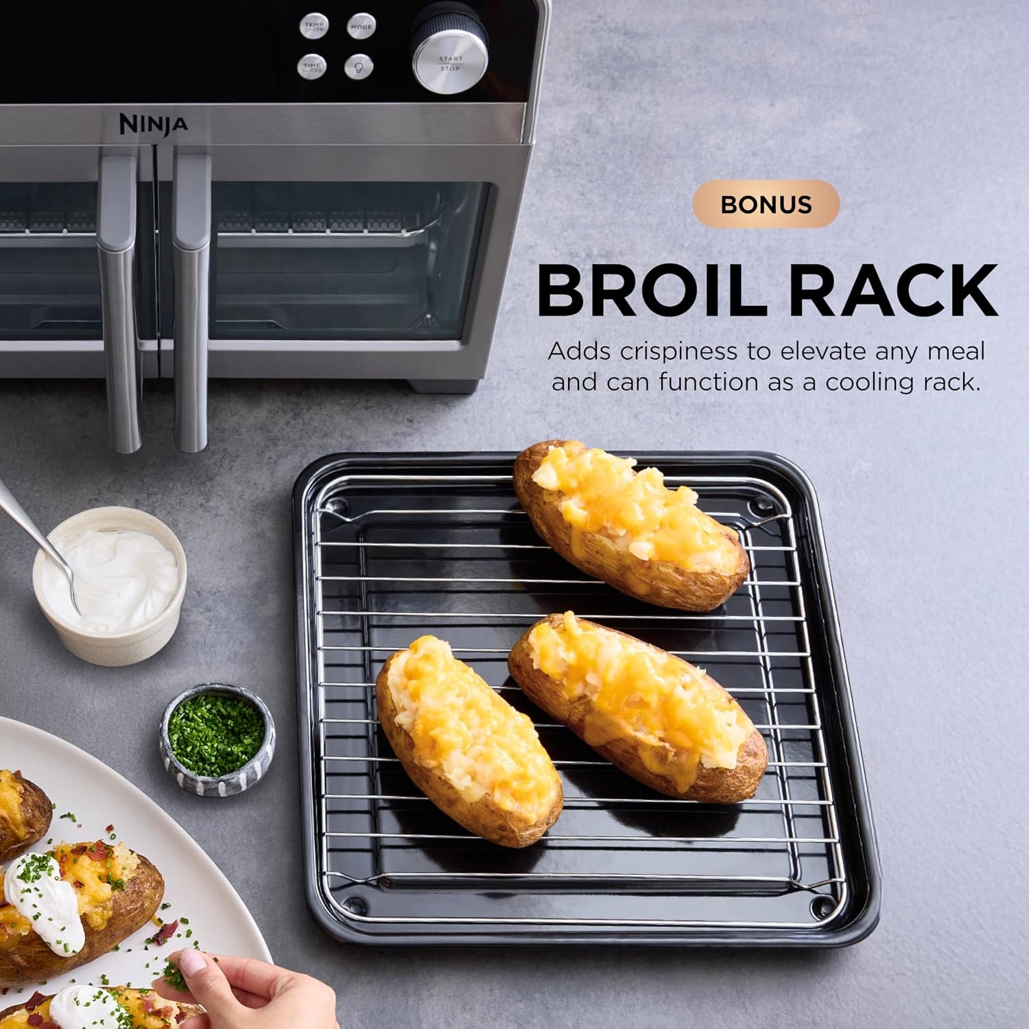 image:imageNinja French Door Premier Air Fry Oven 10in1 203 Qt Stainless FO101 450F cyclonic air PFASfree surface Air fry sear crisp bake broil toast dehydrateSilver