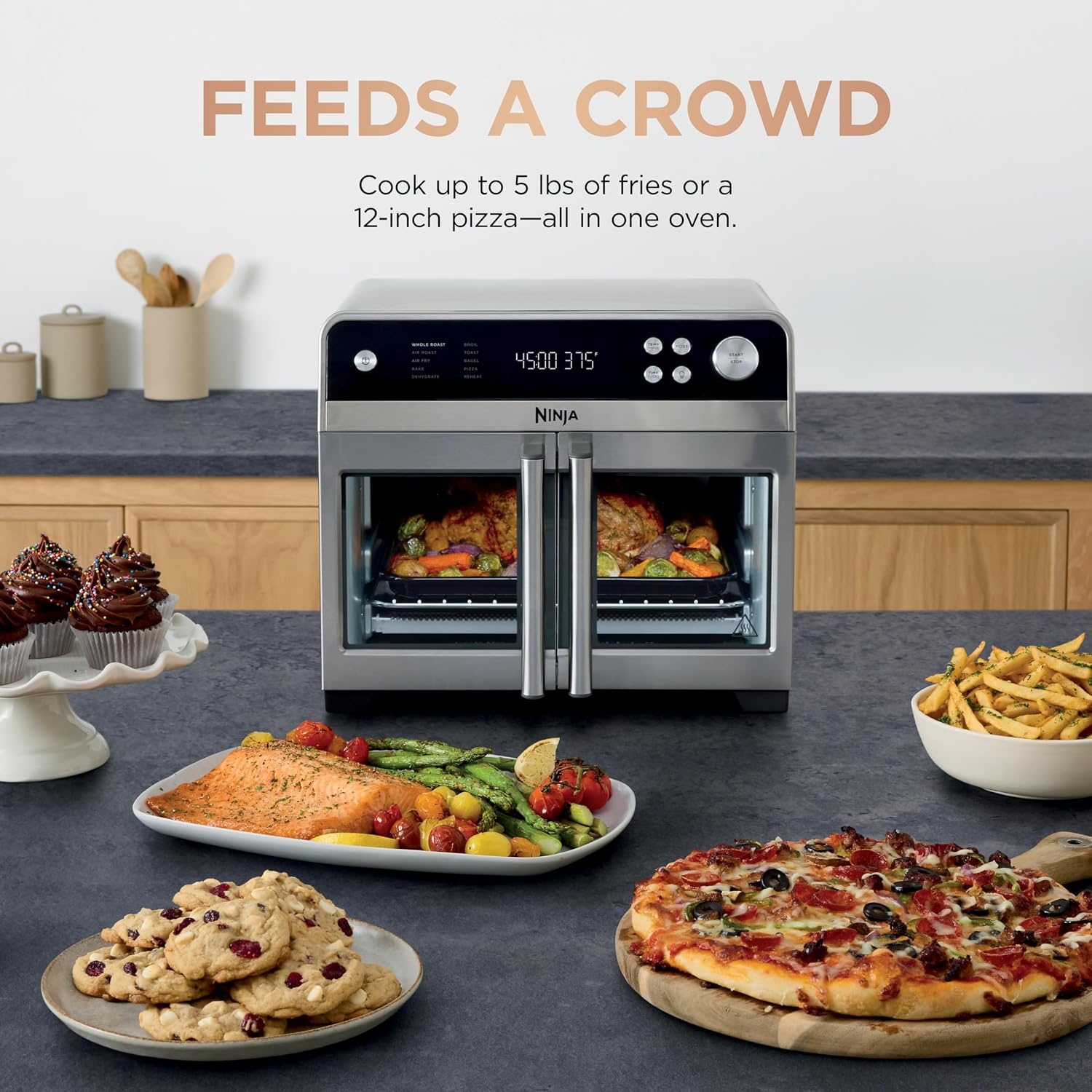 image:imageNinja French Door Premier Air Fry Oven 10in1 203 Qt Stainless FO101 450F cyclonic air PFASfree surface Air fry sear crisp bake broil toast dehydrateSilver