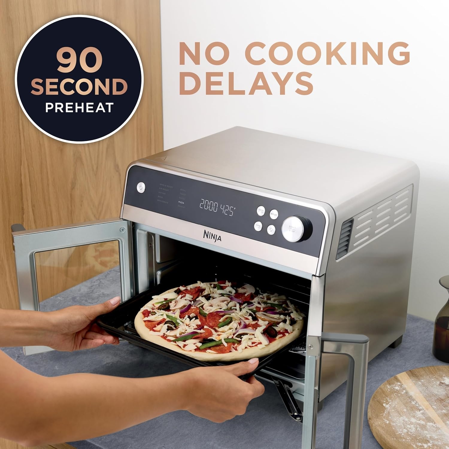 image:imageNinja French Door Premier Air Fry Oven 10in1 203 Qt Stainless FO101 450F cyclonic air PFASfree surface Air fry sear crisp bake broil toast dehydrateSilver
