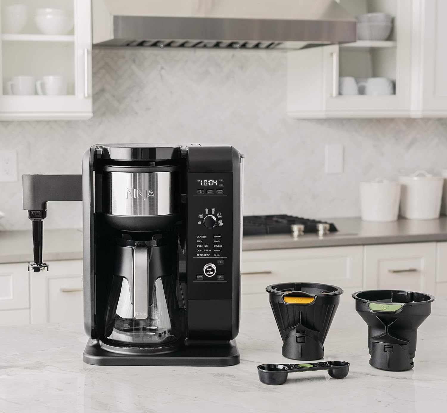 image:imageNinja Hot and Cold Brewed System AutoiQ Tea and Coffee Maker with 6 Brew Sizes 50 fluid ounces 5 Brew Styles Frother Coffee amp Tea Baskets with Glass Carafe CP301BlackGlass Carafe