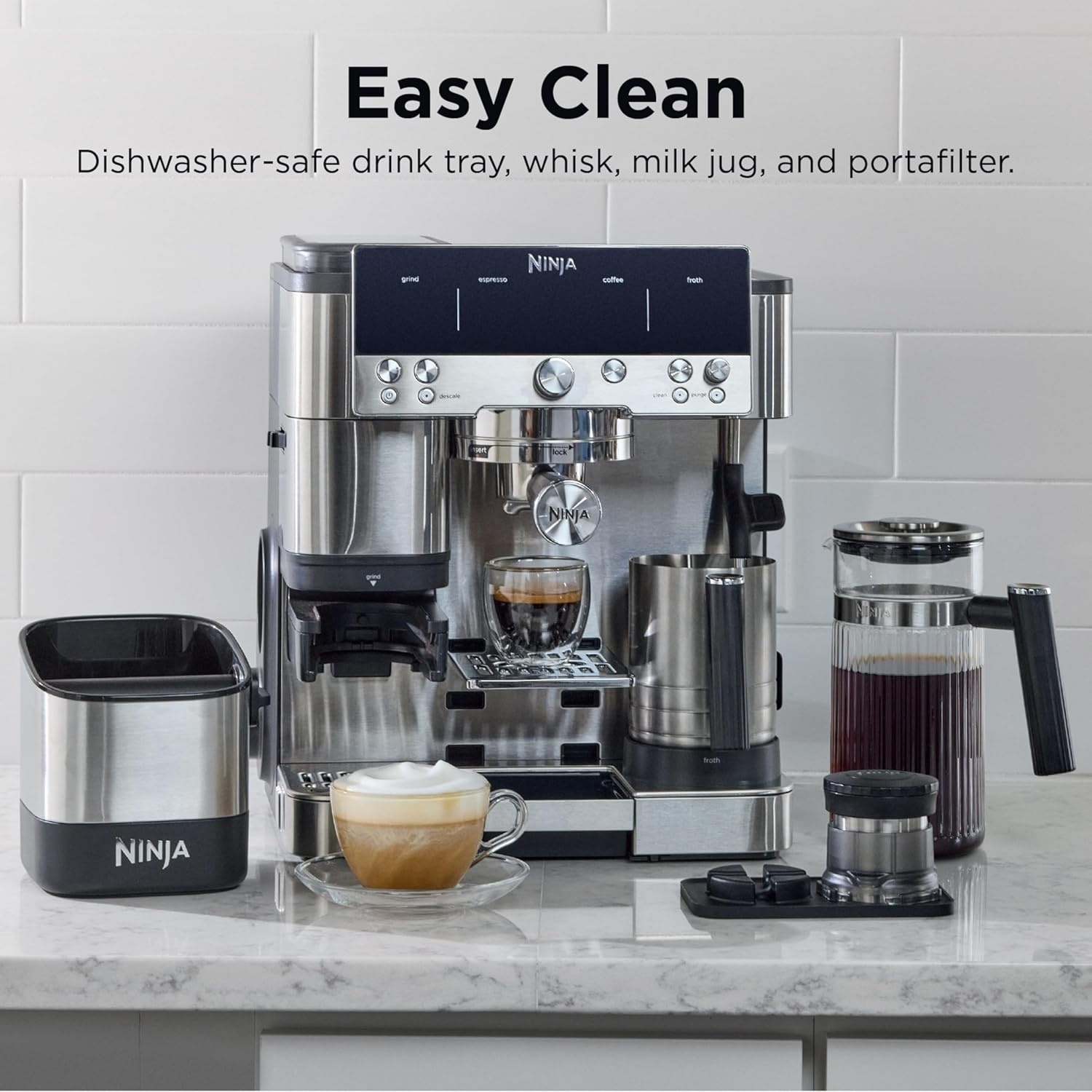 image:imageNinja Luxe Caf Premier Espresso amp Rapid Cold Brew Gunmetal ES601GM Drip Coffee Builtin Coffee Grinder HandsFree Milk Frother Assisted Tamper for Cappuccinos amp LattesStainless Steel
