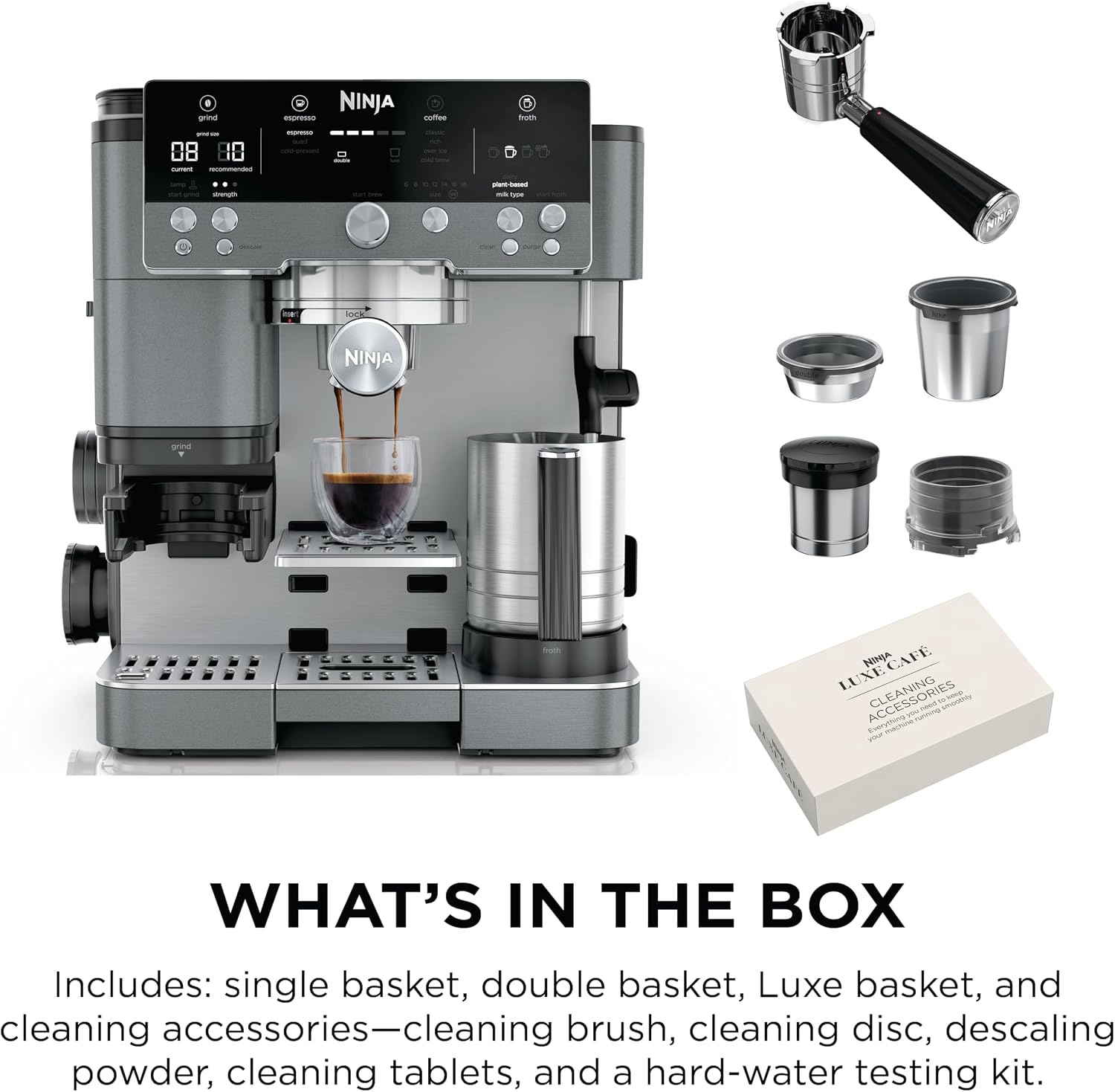 image:imageNinja Luxe Caf Premier Espresso amp Rapid Cold Brew Gunmetal ES601GM Drip Coffee Builtin Coffee Grinder HandsFree Milk Frother Assisted Tamper for Cappuccinos amp LattesGunmetal