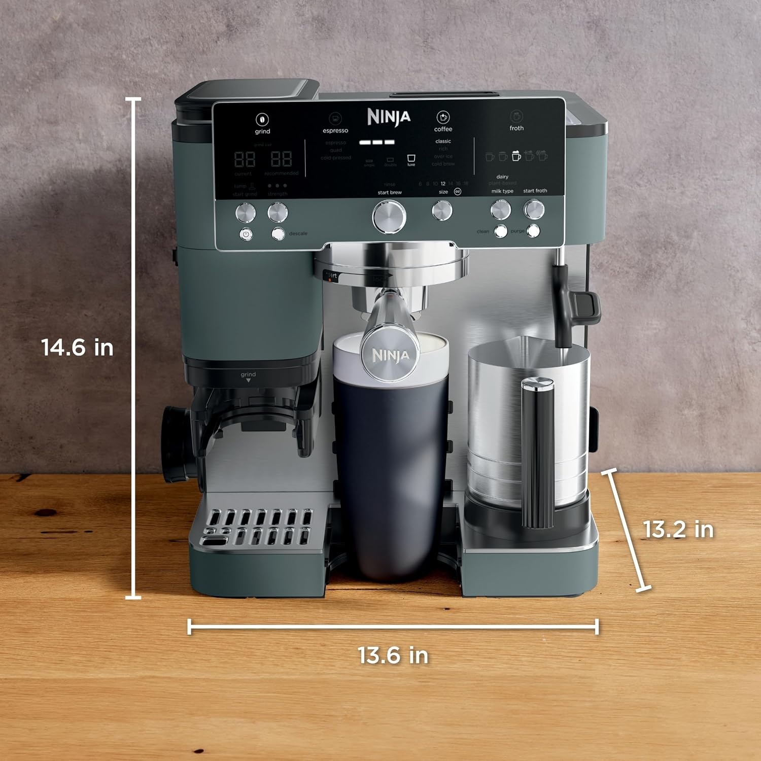image:imageNinja Luxe Caf Premier Espresso amp Rapid Cold Brew Gunmetal ES601GM Drip Coffee Builtin Coffee Grinder HandsFree Milk Frother Assisted Tamper for Cappuccinos amp LattesGreen