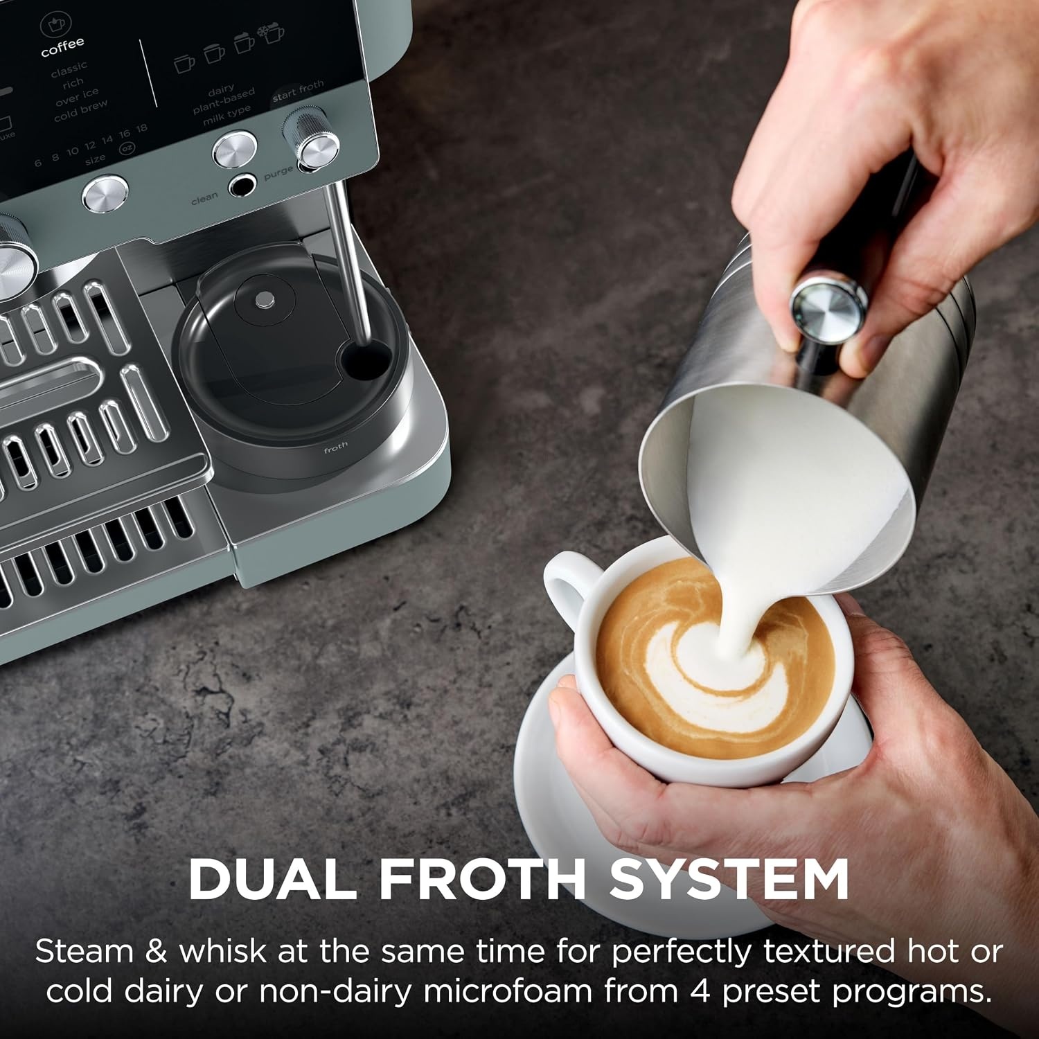 image:imageNinja Luxe Caf Premier Espresso amp Rapid Cold Brew Gunmetal ES601GM Drip Coffee Builtin Coffee Grinder HandsFree Milk Frother Assisted Tamper for Cappuccinos amp LattesGreen