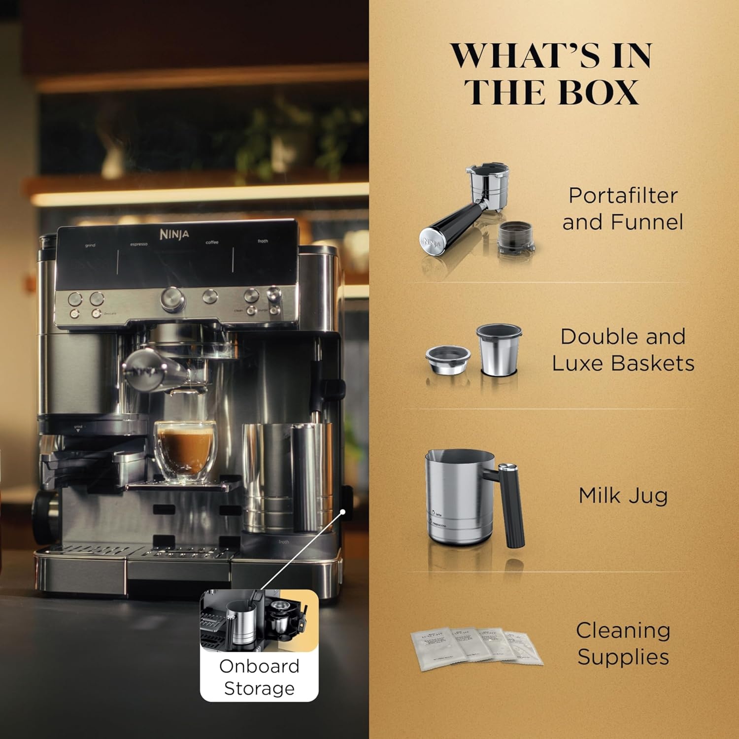 image:imageNinja Luxe Caf Premier Espresso amp Rapid Cold Brew Gunmetal ES601GM Drip Coffee Builtin Coffee Grinder HandsFree Milk Frother Assisted Tamper for Cappuccinos amp LattesStainless Steel