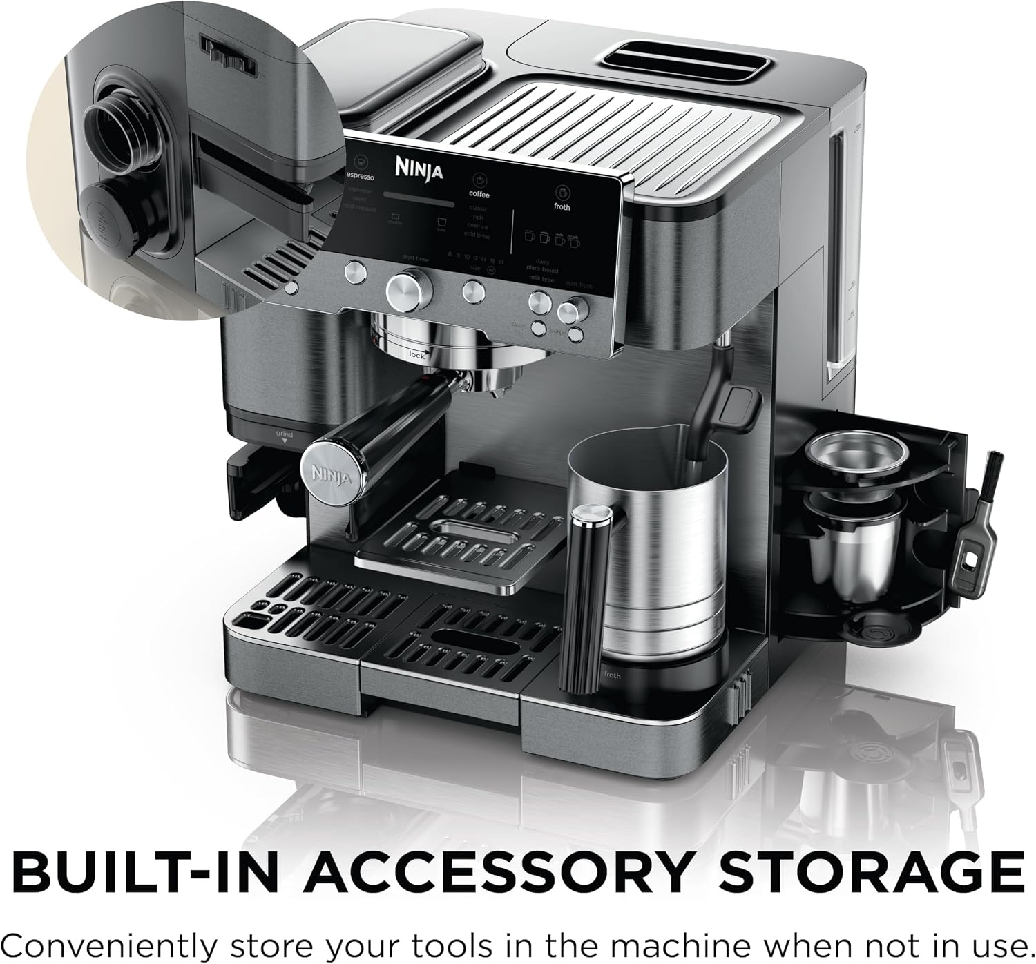 image:imageNinja Luxe Caf Premier Espresso amp Rapid Cold Brew Gunmetal ES601GM Drip Coffee Builtin Coffee Grinder HandsFree Milk Frother Assisted Tamper for Cappuccinos amp LattesGunmetal